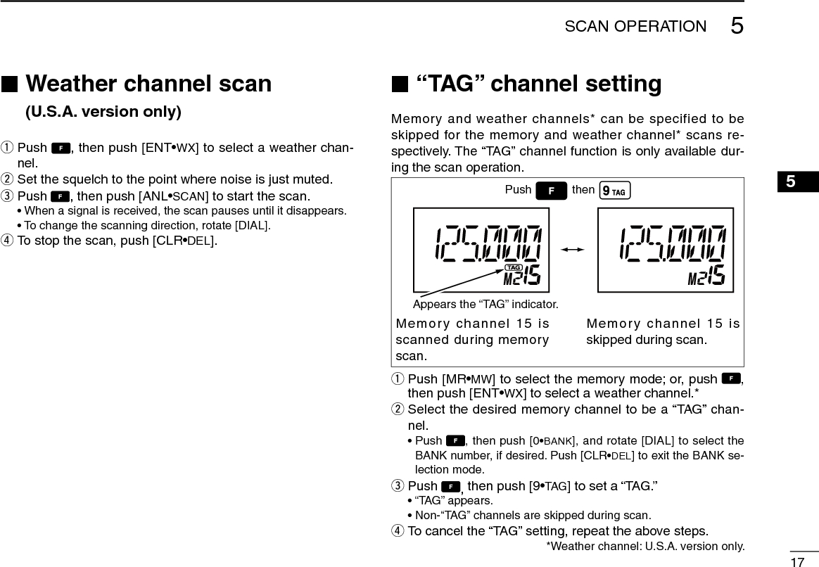 175SCAN OPERATION ■ Weather channel scan (U.S.A. version only)q  Push  , then push [ENT•WX] to select a weather chan-nel.w Set the squelch to the point where noise is just muted.e Push  , then push [ANL•SCAN] to start the scan.  •  When a signal is received, the scan pauses until it disappears.  • To change the scanning direction, rotate [DIAL].r To stop the scan, push [CLR•DEL]. ■“TAG” channel settingMemory and weather channels* can be specified to be skipped for the memory and weather channel* scans re-spectively. The “TAG” channel function is only available dur-ing the scan operation.q  Push  [MR•MW] to select the memory mode; or, push  , then push [ENT•WX] to select a weather channel.*w  Select the desired memory channel to be a “TAG” chan-nel.  •   Push  , then push [0•BANK], and rotate [DIAL] to select the BANK number, if desired. Push [CLR•DEL] to exit the BANK se-lection mode.e Push  , then push [9•TAG] to set a “TAG.”  • “TAG” appears.  • Non-“TAG” channels are skipped during scan.r To cancel the “TAG” setting, repeat the above steps.*Weather channel: U.S.A. version only.Memory channel 15 is scanned during memory scan.Memory channel 15 is skipped during scan.Push thenAppears the “TAG” indicator.2314567910812131114