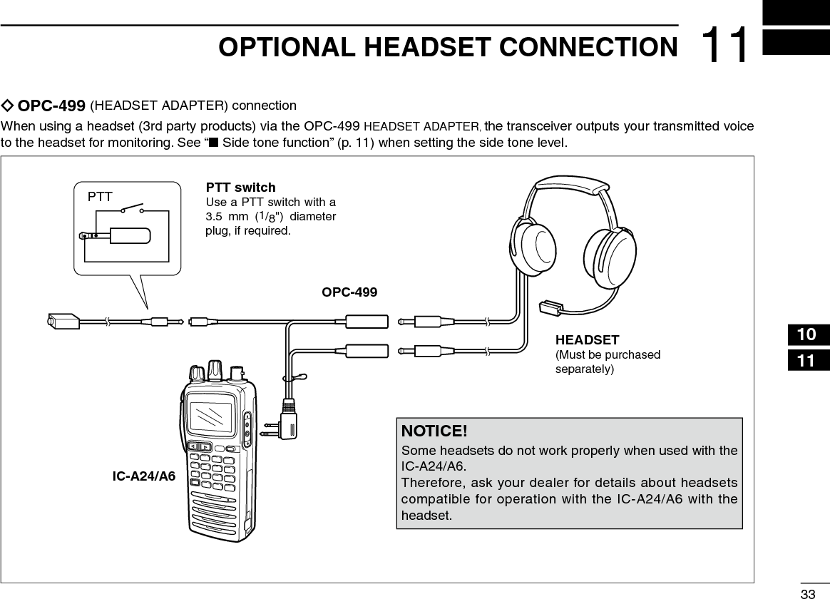 3311OPTIONAL HEADSET CONNECTION2314567910812131114 ïOPC-499 (HEADSET ADAPTER) connectionWhen using a headset (3rd party products) via the OPC-499 HEADSET ADAPTER, the transceiver outputs your transmitted voice to the headset for monitoring. See “■ Side tone function” (p. 11) when setting the side tone level.PTTOPC-499IC-A24/A6PTT switchHEADSET(Must be purchasedseparately)Use a PTT switch with a 3.5  mm  (1/8&quot;)  diameter plug, if required.NOTICE!Some headsets do not work properly when used with the IC-A24/A6.Therefore, ask your dealer for details about headsets compatible for operation with the IC-A24/A6 with the headset.