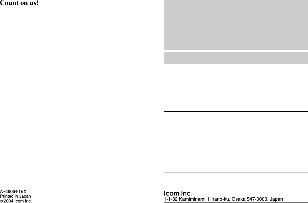 1-1-32 Kamiminami, Hirano-ku, Osaka 547-0003, JapanA-6383H-1EXPrinted in Japan©2004 Icom Inc.