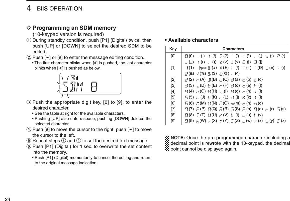 244BIIS OPERATIOND  Programming an SDM memory (10-keypad version is required)q  During standby condition, push [P1] (Digital) twice, then push [UP] or [DOWN] to select the desired SDM to be edited.w Push [M] or [#] to enter the message editing condition.  •  The rst character blinks when [#] is pushed, the last character blinks when [M] is pushed as below.e  Push the appropriate digit key, [0] to [9], to enter the desired character.  • See the table at right for the available characters.  •  Pushing [UP] also enters space, pushing [DOWN] deletes the selected character.r  Push [#] to move the cursor to the right, push [M] to move the cursor to the left.t Repeat steps e and r to set the desired text message.y  Push [P1] (Digital) for 1 sec. to overwrite the set content into the memory.  •  Push [P1] (Digital) momentarily to cancel the editing and return to the original message indication. • Available characters  NOTE: Once the pre-programmed character including a decimal point is rewrote with the 10-keypad, the decimal point cannot be displayed again.Key[0][1][2][3][4][5][6][7][8][9]Characters(0)(1)(2)(3)(4)(5)(6)(7)(8)(9)(.)(Space)(A)(D)(G)(J)(M)(P)(T)(W)(!)(#)(B)(E)(H)(K)(N)(Q)(U)(X)(?)(�)(C)(F)(I)(L)(O)(R)(V)(Y)(&apos;)(/)(a)(d)(g)(j)(m)(S)(t)(Z)(&quot;)(+)(b)(e)(h)(k)(n)(p)(u)(w)(,)(Ð)(c)(f)(i)(l)(o)(q)(v)(x)(;)(=)(r)(y)(:)(_) (() ()) (&lt;) (&gt;) ([) (])(/)(&amp;) (%) ($) (@) (^)(s)(z)