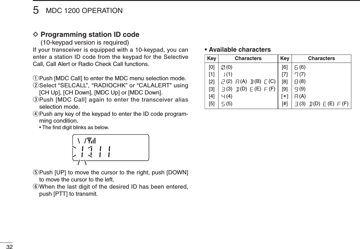 325MDC 1200 OPERATIOND  Programming station ID code (10-keypad version is required)If your transceiver is equipped with a 10-keypad, you can enter a station ID code from the keypad for the Selective Call, Call Alert or Radio Check Call functions.q  Push [MDC Call] to enter the MDC menu selection mode.w  Select “SELCALL”, “RADIOCHK” or “CALALERT” using [CH Up], [CH Down], [MDC Up] or [MDC Down].e  Push [MDC Call] again to enter the transceiver alias selection mode.r  Push any key of the keypad to enter the ID code program-ming condition.  •  The rst digit blinks as below.t  Push [UP] to move the cursor to the right, push [DOWN] to move the cursor to the left.y  When the last digit of the desired ID has been entered, push [PTT] to transmit. • Available charactersKey CharactersKey[0][1][2][3][4][5]Characters(0)(1)(2)(3)(4)(5)(6)(7)(8)(9)(A)(D)(B)(E)(C)(F)[6][7][8][9][M][#] (3) (D) (E) (F)(A)