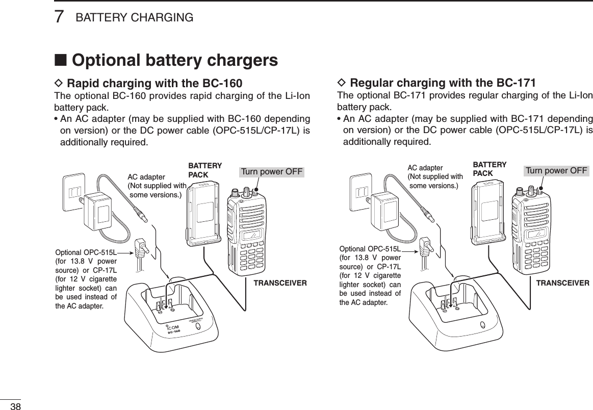 387BATTERY CHARGING■ Optional battery chargersD Rapid charging with the BC-160The optional BC-160 provides rapid charging of the Li-Ion battery pack.•  An AC adapter (may be supplied with BC-160 depending on version) or the DC power cable (OPC-515L/CP-17L) is additionally required.D Regular charging with the BC-171The optional BC-171 provides regular charging of the Li-Ion battery pack.•  An AC adapter (may be supplied with BC-171 depending on version) or the DC power cable (OPC-515L/CP-17L) is additionally required.AC adapter(Not supplied with  some versions.)Optional OPC-515L (for 13.8  V  power source)  or  CP-17L (for 12  V  cigarette lighter socket) can be  used  instead  of the AC adapter.BATTERYPACKTRANSCEIVERTurn power OFFAC adapter(Not supplied with  some versions.)BATTERYPACKTRANSCEIVERTurn power OFFOptional OPC-515L (for 13.8  V  power source)  or  CP-17L (for 12  V  cigarette lighter socket) can be  used  instead  of the AC adapter.