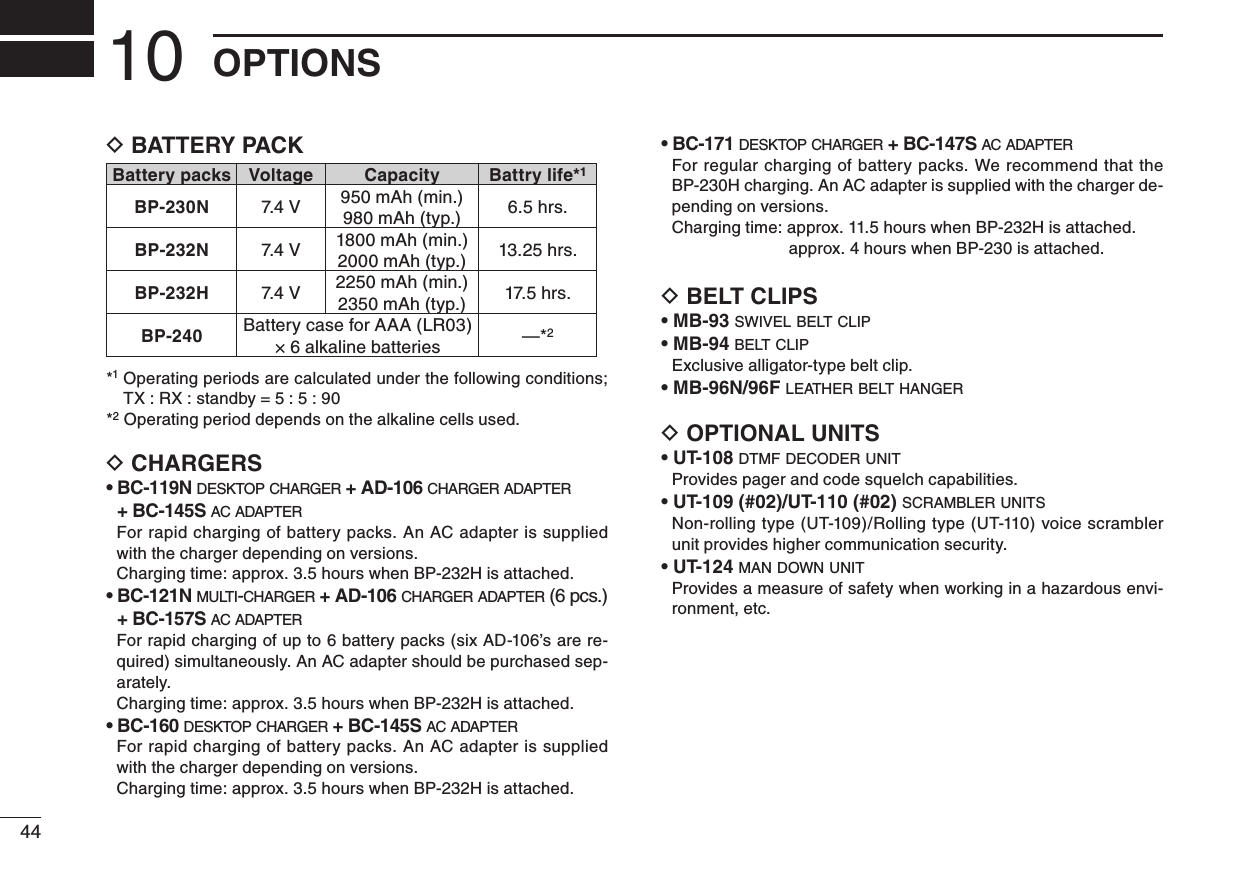 4410 OPTIONSD BATTERY PACKBattery packs Voltage Capacity Battry life*1BP-230N 7.4 V 950 mAh (min.)980 mAh (typ.) 6.5 hrs.BP-232N 7.4 V 1800 mAh (min.)2000 mAh (typ.) 13.25 hrs.BP-232H 7.4 V 2250 mAh (min.)2350 mAh (typ.) 17.5 hrs.BP-240 Battery case for AAA (LR03) × 6 alkaline batteries —*2*1  Operating periods are calculated under the following conditions; TX : RX : standby = 5 : 5 : 90*2 Operating period depends on the alkaline cells used.D CHARGERS•  BC-119N d e s k t o p  c h a r g e r  + AD-106 c h a r g e r  a d a p t e r   + BC-145S a c  a d a p t e r   For rapid charging of battery packs. An AC adapter is supplied with the charger depending on versions.  Charging time: approx. 3.5 hours when BP-232H is attached.•  BC-121N m u l t i -c h a r g e r  + AD-106 c h a r g e r  a d a p t e r  (6 pcs.)  + BC-157S a c  a d a p t e r   For rapid charging of up to 6 battery packs (six AD-106’s are re-quired) simultaneously. An AC adapter should be purchased sep-arately.  Charging time: approx. 3.5 hours when BP-232H is attached.•  BC-160 d e s k t o p  c h a r g e r  + BC-145S a c  a d a p t e r   For rapid charging of battery packs. An AC adapter is supplied with the charger depending on versions.  Charging time: approx. 3.5 hours when BP-232H is attached.•  BC-171 d e s k t o p  c h a r g e r  + BC-147S a c  a d a p t e r   For regular charging of battery packs. We recommend that the BP-230H charging. An AC adapter is supplied with the charger de-pending on versions.  Charging time: approx. 11.5 hours when BP-232H is attached.                approx. 4 hours when BP-230 is attached.D BELT CLIPS• MB-93 s w i v e l  b e lt  c l i p• MB-94 b e lt  c l i p   Exclusive alligator-type belt clip. • MB-96N/96F l e at h e r  b e lt  h a n g e rD OPTIONAL UNITS• UT-108 d t m f  d e c o d e r  u n i t   Provides pager and code squelch capabilities.• UT-109 (#02)/UT-110 (#02) s c r a m b l e r  u n i t s   Non-rolling type (UT-109)/Rolling type (UT-110) voice scrambler unit provides higher communication security. • UT-124 m a n  d o w n  u n i t   Provides a measure of safety when working in a hazardous envi-ronment, etc.