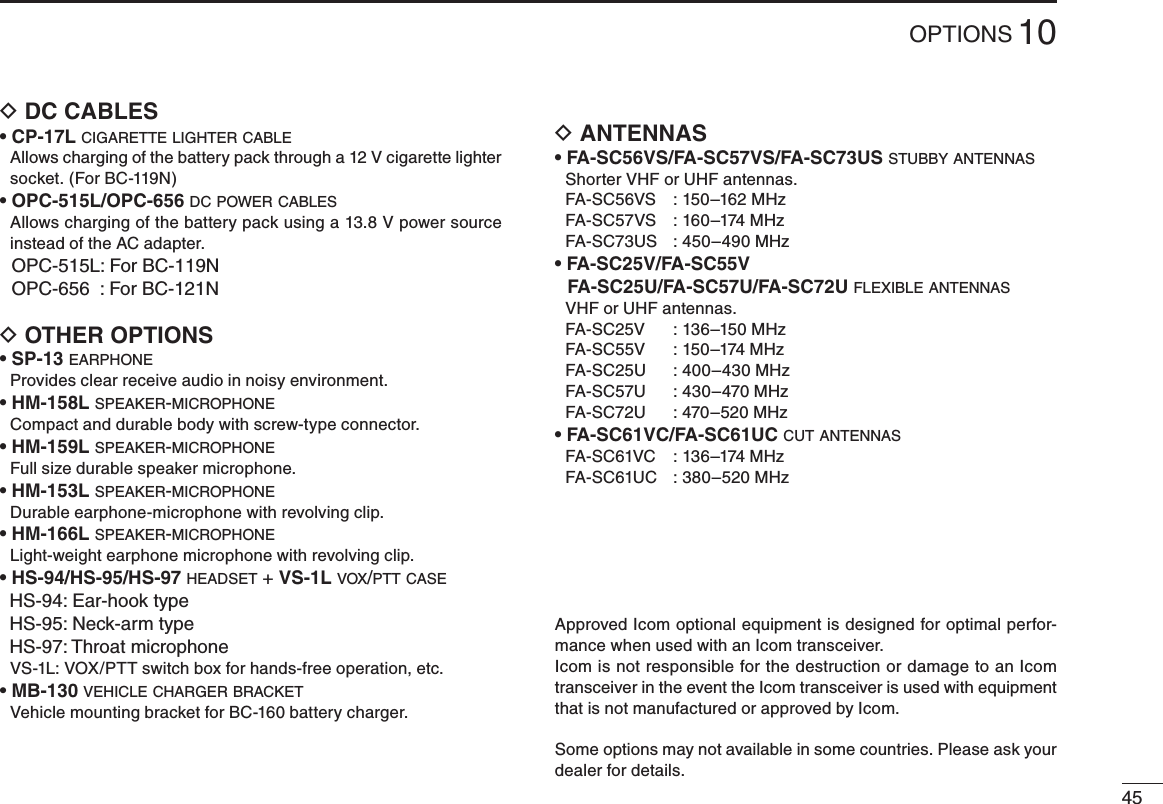 4510OPTIONSD DC CABLES• CP-17L c i g a r e t t e  l i g h t e r  c a b l e   Allows charging of the battery pack through a 12 V cigarette lighter socket. (For BC-119N)• OPC-515L/OPC-656 d c  p o w e r  c a b l e s   Allows charging of the battery pack using a 13.8 V power source instead of the AC adapter.  OPC-515L: For BC-119N  OPC-656  : For BC-121ND OTHER OPTIONS• SP-13 e a r p h o n e   Provides clear receive audio in noisy environment.• HM-158L s p e a k e r -m i c r o p h o n e   Compact and durable body with screw-type connector.• HM-159L s p e a k e r -m i c r o p h o n e   Full size durable speaker microphone.• HM-153L s p e a k e r -m i c r o p h o n e   Durable earphone-microphone with revolving clip.• HM-166L s p e a k e r -m i c r o p h o n e   Light-weight earphone microphone with revolving clip.• HS-94/HS-95/HS-97 h e a d s e t  + VS-1L v o x /p t t  c a s e  HS-94: Ear-hook type  HS-95: Neck-arm type  HS-97: Throat microphone  VS-1L: VOX/PTT switch box for hands-free operation, etc.• MB-130 v e h i c l e  c h a r g e r  b r a c k e t  Vehicle mounting bracket for BC-160 battery charger.D ANTENNAS• FA-SC56VS/FA-SC57VS/FA-SC73US s t u b b y  a n t e n n a s   Shorter VHF or UHF antennas.  FA-SC56VS  : 150–162 MHz  FA-SC57VS  : 160–174 MHz  FA-SC73US  : 450–490 MHz• FA-SC25V/FA-SC55V  FA-SC25U/FA-SC57U/FA-SC72U f l e x i b l e  a n t e n n a s   VHF or UHF antennas.  FA-SC25V  : 136–150 MHz  FA-SC55V  : 150–174 MHz  FA-SC25U  : 400–430 MHz  FA-SC57U  : 430–470 MHz  FA-SC72U  : 470–520 MHz• FA-SC61VC/FA-SC61UC c u t  a n t e n n a s  FA-SC61VC  : 136–174 MHz  FA-SC61UC  : 380–520 MHzApproved Icom optional equipment is designed for optimal perfor-mance when used with an Icom transceiver.Icom is not responsible for the destruction or damage to an Icom transceiver in the event the Icom transceiver is used with equipment that is not manufactured or approved by Icom.Some options may not available in some countries. Please ask your dealer for details.