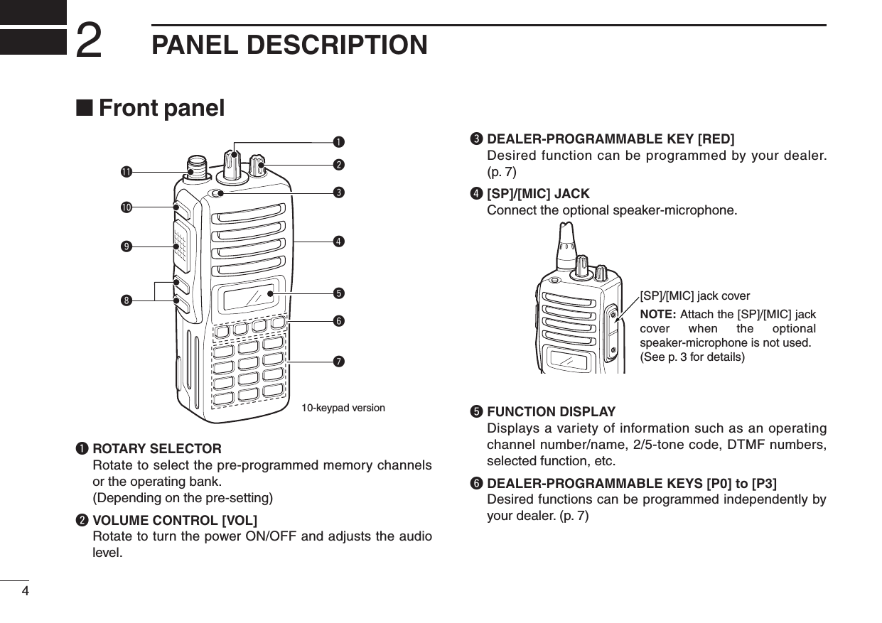 42PANEL DESCRIPTION■ Front panelq ROTARY SELECTORRotate to select the pre-programmed memory channels or the operating bank.  (Depending on the pre-setting)w VOLUME CONTROL [VOL]Rotate to turn the power ON/OFF and adjusts the audio level.e DEALER-PROGRAMMABLE KEY [RED]Desired function can be programmed by your dealer.  (p. 7)r [SP]/[MIC] JACKConnect the optional speaker-microphone.t FUNCTION DISPLAYDisplays a variety of information such as an operating channel number/name, 2/5-tone code, DTMF numbers, selected function, etc.y  DEALER-PROGRAMMABLE KEYS [P0] to [P3]Desired functions can be programmed independently by your dealer. (p. 7)[SP]/[MIC] jack coverNOTE: Attach the [SP]/[MIC] jack cover  when the optional speaker-microphone is not used. (See p. 3 for details)itrqeuywo!0!110-keypad version