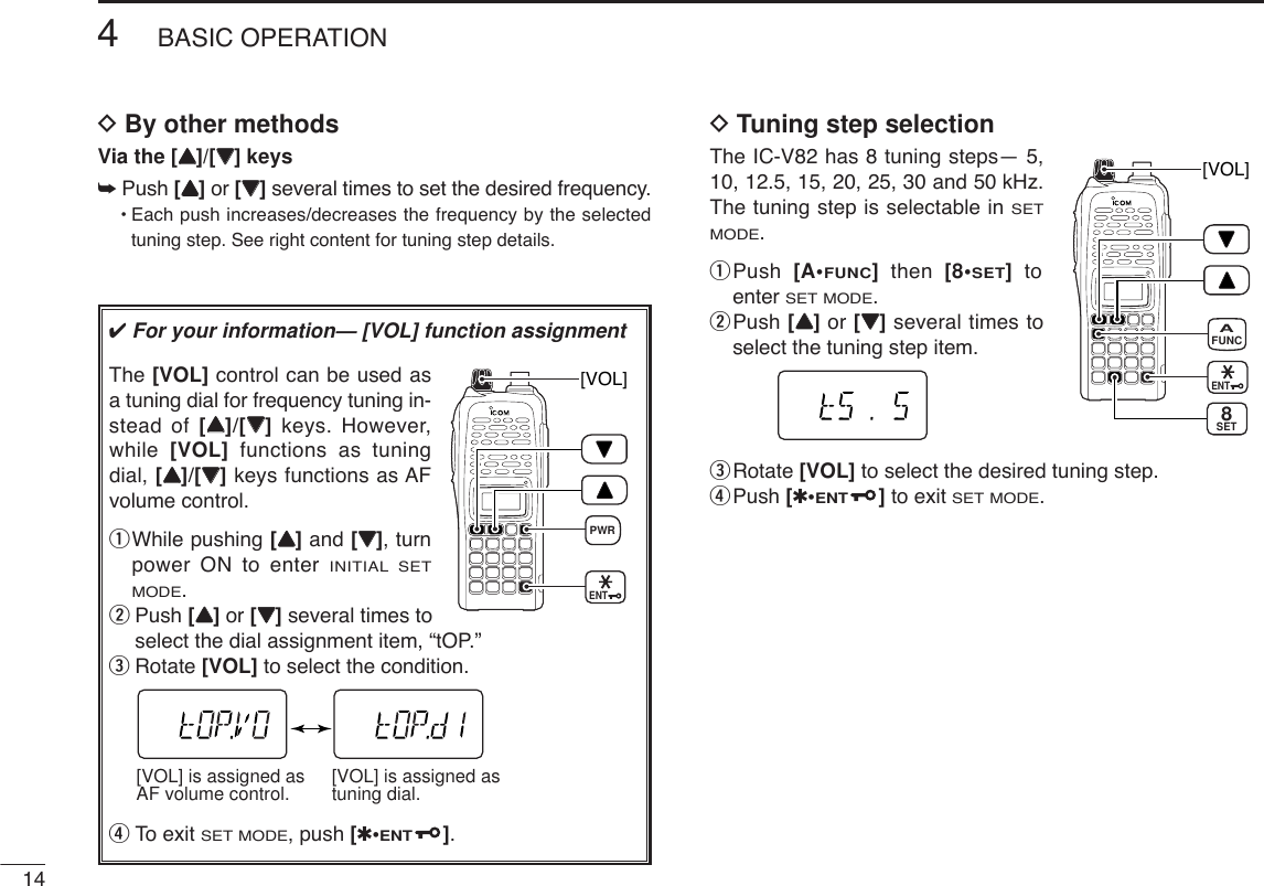 DBy other methodsVia the [YY]/[ZZ] keys➥Push [YY]or [ZZ]several times to set the desired frequency.•Each push increases/decreases the frequency by the selectedtuning step. See right content for tuning step details.DTuning step selectionThe IC-V82 has 8 tuning steps— 5,10, 12.5, 15, 20, 25, 30 and 50 kHz.The tuning step is selectable in SETMODE. qPush  [A•FUNC]then  [8•SET]toenter SET MODE.wPush [YY]or [ZZ]several times toselect the tuning step item.eRotate [VOL] to select the desired tuning step.rPush [✱•ENT]to exit SET MODE.[VOL]ENTFUNCASET8144BASIC OPERATION✔For your information— [VOL] function assignmentThe [VOL] control can be used asa tuning dial for frequency tuning in-stead of [YY]/[ZZ]keys. However,while  [VOL] functions as tuningdial, [YY]/[ZZ]keys functions as AFvolume control.qWhile pushing [YY]and [ZZ], turnpower ON to enter INITIAL SETMODE. wPush [YY]or [ZZ]several times toselect the dial assignment item, “tOP.”eRotate [VOL] to select the condition.rTo exit SET MODE, push [✱•ENT].[VOL] is assigned as AF volume control. [VOL] is assigned as tuning dial.[VOL]ENTPWR