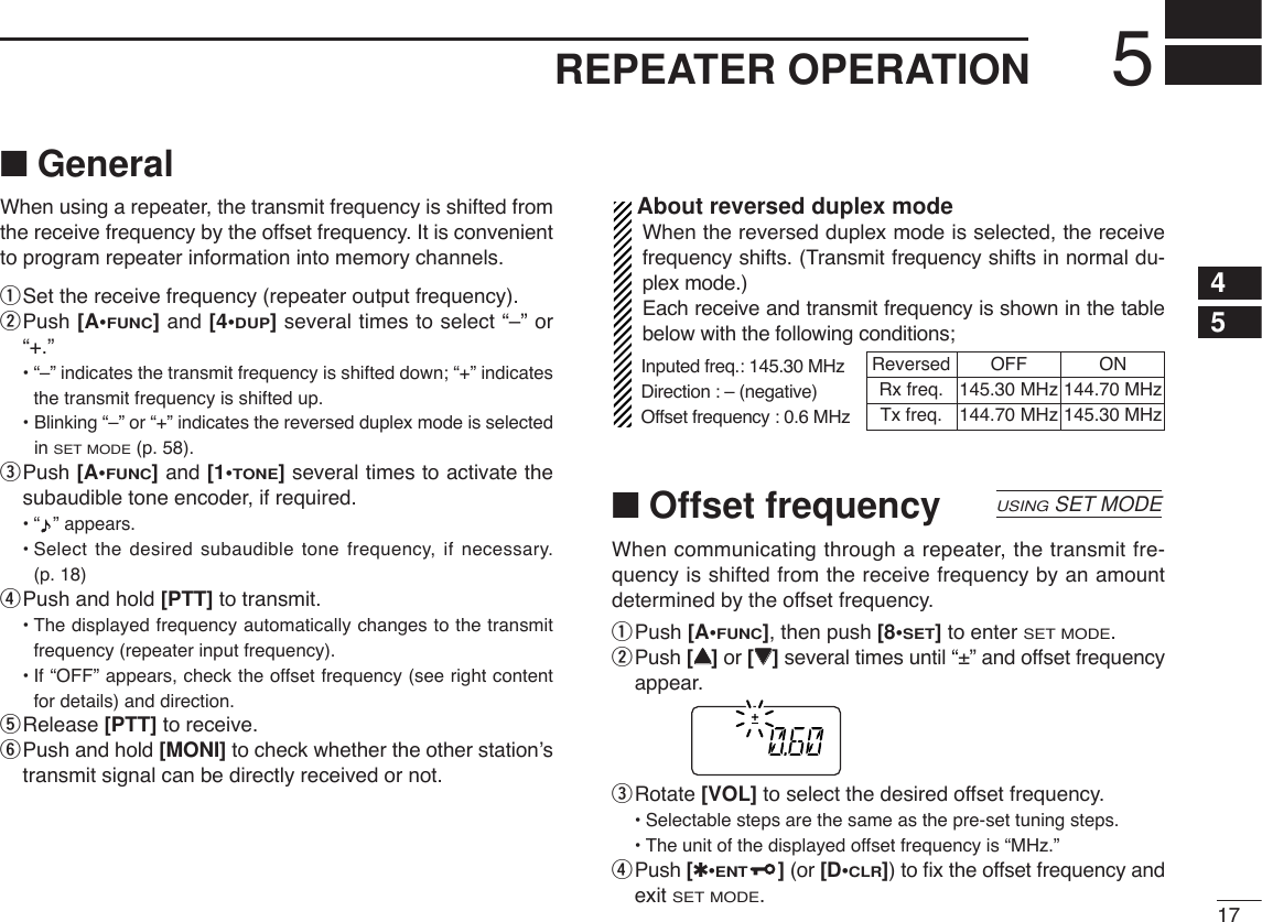 175REPEATER OPERATION45■GeneralWhen using a repeater, the transmit frequency is shifted fromthe receive frequency by the offset frequency. It is convenientto program repeater information into memory channels.qSet the receive frequency (repeater output frequency).wPush [A•FUNC]and [4•DUP]several times to select “–” or“+.”•“–” indicates the transmit frequency is shifted down; “+” indicatesthe transmit frequency is shifted up.• Blinking “–” or “+” indicates the reversed duplex mode is selectedin SET MODE(p. 58).ePush [A•FUNC]and [1•TONE]several times to activate thesubaudible tone encoder, if required.•“ ” appears.•Select the desired subaudible tone frequency, if necessary. (p. 18)rPush and hold [PTT] to transmit.•The displayed frequency automatically changes to the transmitfrequency (repeater input frequency).•If “OFF” appears, check the offset frequency (see right contentfor details) and direction.tRelease [PTT] to receive.yPush and hold [MONI] to check whether the other station’stransmit signal can be directly received or not.About reversed duplex modeWhen the reversed duplex mode is selected, the receivefrequency shifts. (Transmit frequency shifts in normal du-plex mode.)Each receive and transmit frequency is shown in the tablebelow with the following conditions;Inputed freq.: 145.30 MHzDirection : – (negative) Offset frequency : 0.6 MHz■Offset frequencyWhen communicating through a repeater, the transmit fre-quency is shifted from the receive frequency by an amountdetermined by the offset frequency.qPush [A•FUNC], then push [8•SET]to enter SET MODE.wPush [YY]or [ZZ]several times until “±” and offset frequencyappear.eRotate [VOL] to select the desired offset frequency.•Selectable steps are the same as the pre-set tuning steps.•The unit of the displayed offset frequency is “MHz.”rPush [✱•ENT](or [D•CLR]) to ﬁx the offset frequency andexit SET MODE.USINGSET MODEReversed OFF ON Rx freq. 145.30 MHz 144.70 MHzTx freq. 144.70 MHz 145.30 MHz