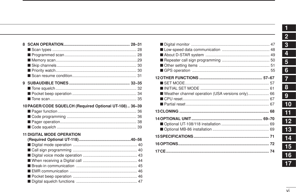 vi8SCAN OPERATION............................................................ 28–31■Scan types ............................................................................ 28■Programmed scan................................................................. 28■Memory scan..........................................................................29■Skip channels........................................................................ 30■Priority watch......................................................................... 30■Scan resume condition.......................................................... 319SUBAUDIBLE TONES....................................................... 32–35■Tone squelch ......................................................................... 32■Pocket beep operation .......................................................... 34■Tone scan.............................................................................. 3510PAGER/CODE SQUELCH (Required Optional UT-108) .. 36–39■Pager function....................................................................... 36■Code programming ............................................................... 36■Pager operation..................................................................... 38■Code squelch ........................................................................ 3911 DIGITAL MODE OPERATION(Required Optional UT-118)...............................................40–56■Digital mode operation .......................................................... 40■Call sign programming .......................................................... 40■Digital voice mode operation ................................................. 43■When receiving a Digital call ................................................. 44■Break-in communication ....................................................... 45■EMR communication ............................................................. 46■Pocket beep operation .......................................................... 46■Digital squelch functions ....................................................... 47■Digital monitor ....................................................................... 47■Low-speed data communication ........................................... 48■About D-STAR system .......................................................... 49■Repeater call sign programming ........................................... 50■Other setting items ................................................................ 51■GPS operation ...................................................................... 5512OTHER FUNCTIONS ......................................................... 57–67■SET MODE............................................................................ 57■INITIAL SET MODE .............................................................. 61■Weather channel operation (USA versions only)................... 66■CPU reset.............................................................................. 67■Partial reset ........................................................................... 6713CLONING ................................................................................. 6814OPTIONAL UNIT................................................................ 69–70■Optional UT-108/118 installation ........................................... 69■Optional MB-86 installation ................................................... 6915SPECIFICATIONS.................................................................... 7116OPTIONS.................................................................................. 7217CE............................................................................................. 741234567891011121314151617