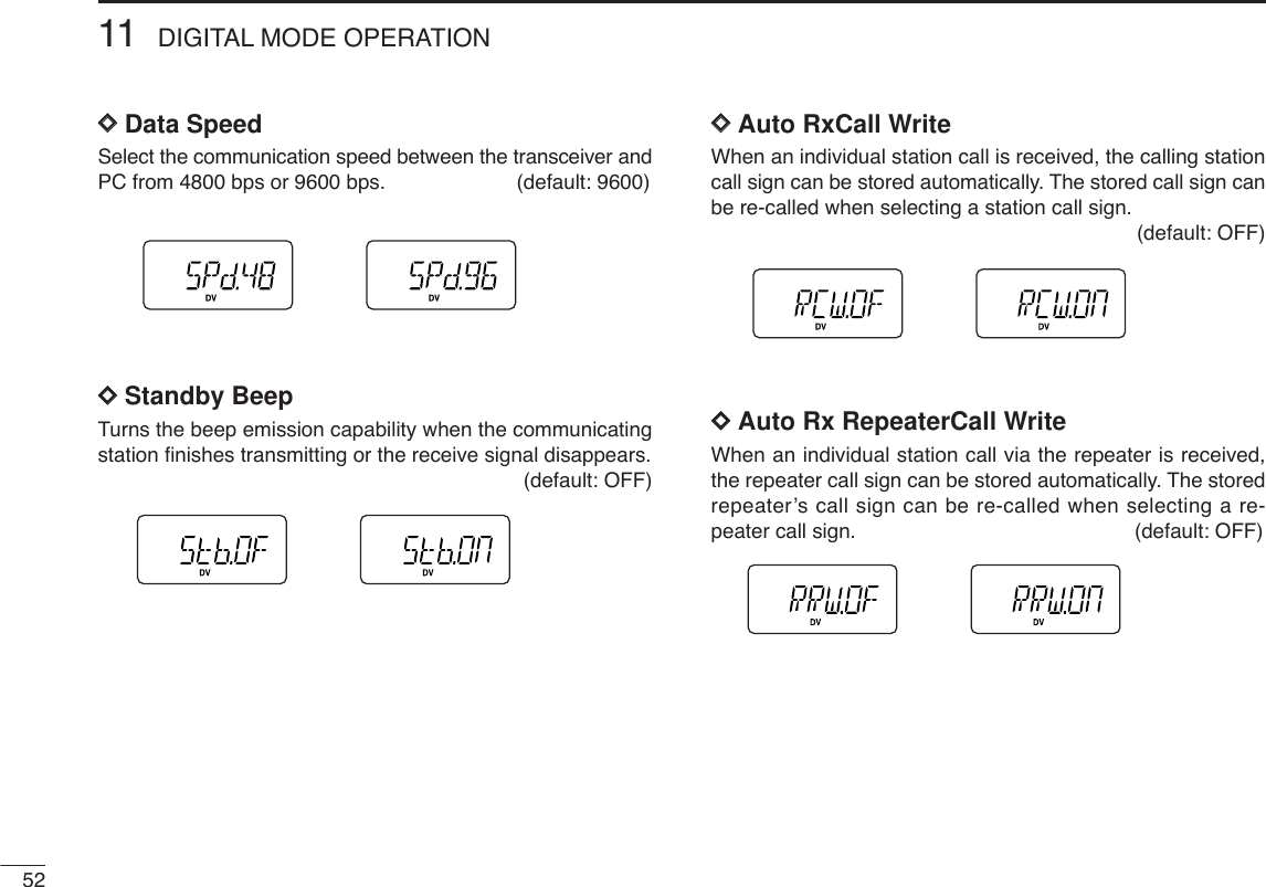 5211 DIGITAL MODE OPERATIONDDData SpeedSelect the communication speed between the transceiver andPC from 4800 bps or 9600 bps. (default: 9600) DDStandby BeepTurns the beep emission capability when the communicatingstation ﬁnishes transmitting or the receive signal disappears.(default: OFF) DDAuto RxCall WriteWhen an individual station call is received, the calling stationcall sign can be stored automatically. The stored call sign canbe re-called when selecting a station call sign.(default: OFF)DDAuto Rx RepeaterCall Write When an individual station call via the repeater is received,the repeater call sign can be stored automatically. The storedrepeater’s call sign can be re-called when selecting a re-peater call sign. (default: OFF)