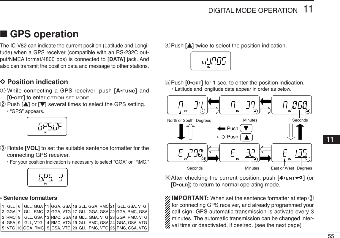 5511DIGITAL MODE OPERATION11■GPS operationThe IC-V82 can indicate the current position (Latitude and Longi-tude) when a GPS receiver (compatible with an RS-232C out-put/NMEA format/4800 bps) is connected to [DATA] jack. Andalso can transmit the position data and message to other stations.DDPosition indicationqWhile connecting a GPS receiver, push [A•FUNC]and[0•OPT]to enter OPTION SET MODE.wPush [YY]or [ZZ]several times to select the GPS setting.•“GPS” appears.eRotate [VOL] to set the suitable sentence formatter for theconnecting GPS receiver.•For your position indication is necessary to select “GGA” or “RMC.”•Sentence formatters rPush [YY]twice to select the position indication.tPush [0•OPT]for 1 sec. to enter the position indication.•Latitude and longitude date appear in order as below.yAfter checking the current position, push [✱•ENT](or[D•CLR]) to return to normal operating mode.IMPORTANT: When set the sentence formatter at step efor connecting GPS receiver, and already programmed yourcall sign, GPS automatic transmission is activate every 3minutes. The automatic transmission can be changed inter-val time or deactivated, if desired. (see the next page)DegreesNorth or South Minutes SecondsPushPushDegreesEast or WestMinutesSeconds12345GLLGGARMCGSAVTG678910GLL, GGAGLL, RMCGLL, GSAGLL, VTGGGA, RMC1112131415GGA, GSAGGA, VTGRMC, GSARMC, VTGGSA, VTG1617181920GLL, GGA, RMCGLL, GGA, GSAGLL, GGA, VTGGLL, RMC, GSAGLL, RMC, VTG2122232425GLL, GSA, VTGGGA, RMC, GSAGGA, RMC, VTGGGA, GSA, VTGRMC, GSA, VTG