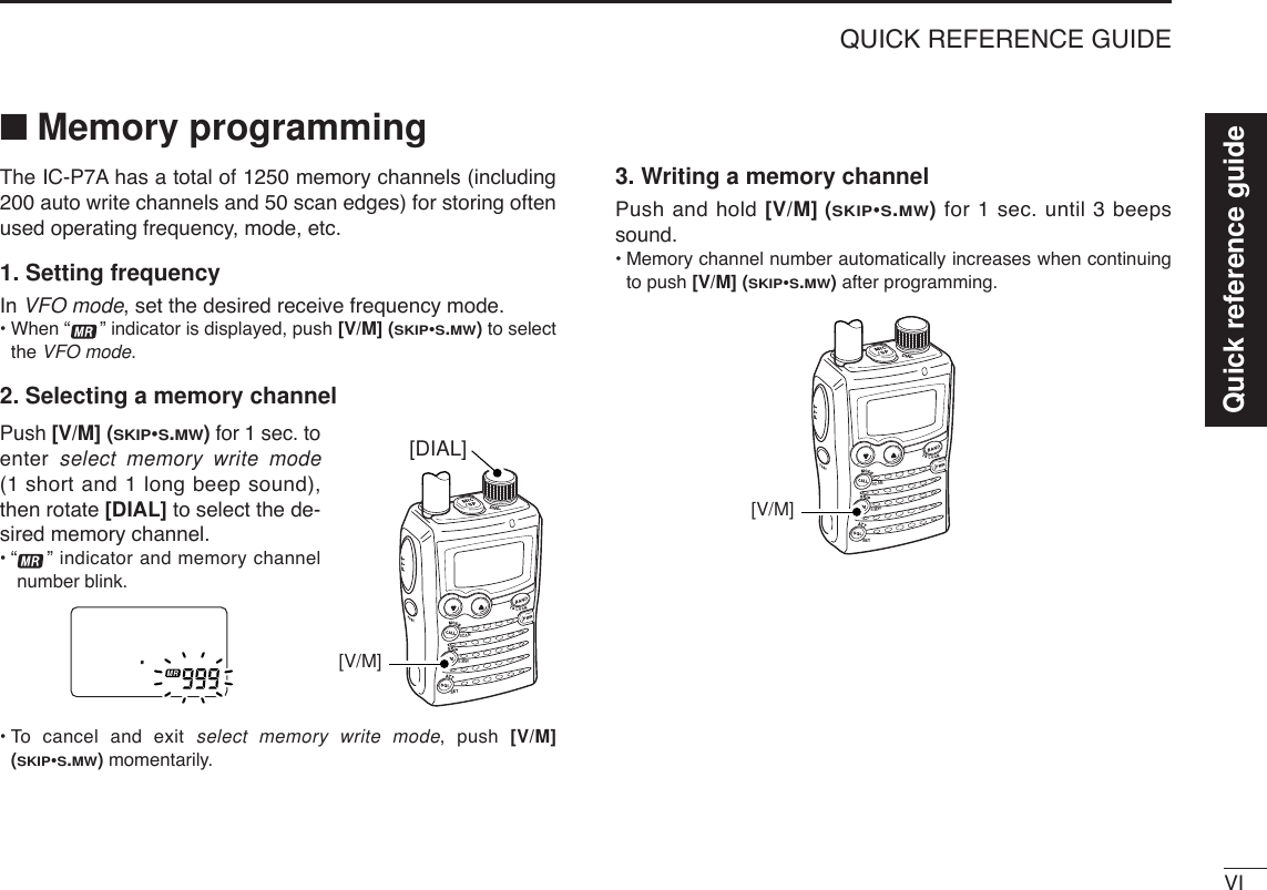 VIQUICK REFERENCE GUIDEQuick reference guide■Memory programmingThe IC-P7A has a total of 1250 memory channels (including200 auto write channels and 50 scan edges) for storing oftenused operating frequency, mode, etc.1. Setting frequencyIn VFO mode, set the desired receive frequency mode.•When “ ” indicator is displayed, push [V/M] (SKIP•S.MW)to selectthe VFO mode.2. Selecting a memory channelPush [V/M] (SKIP•S.MW)for 1 sec. toenter  select memory write mode(1short and 1 long beep sound),then rotate [DIAL] to select the de-sired memory channel.•“ ” indicator and memory channelnumber blink.•To cancel and exit select memory write mode, push [V/M](SKIP•S.MW)momentarily.3. Writing a memory channelPush and hold [V/M] (SKIP•S.MW)for 1 sec. until 3 beepssound.•Memory channel number automatically increases when continuingto push [V/M] (SKIP•S.MW)after programming.SCANSETS.MW[V/M]ATTDTCSTSQLWFMAM -DUPLOWVOL PRIO P S KI PMR519SCANSETS.MW[DIAL][V/M]