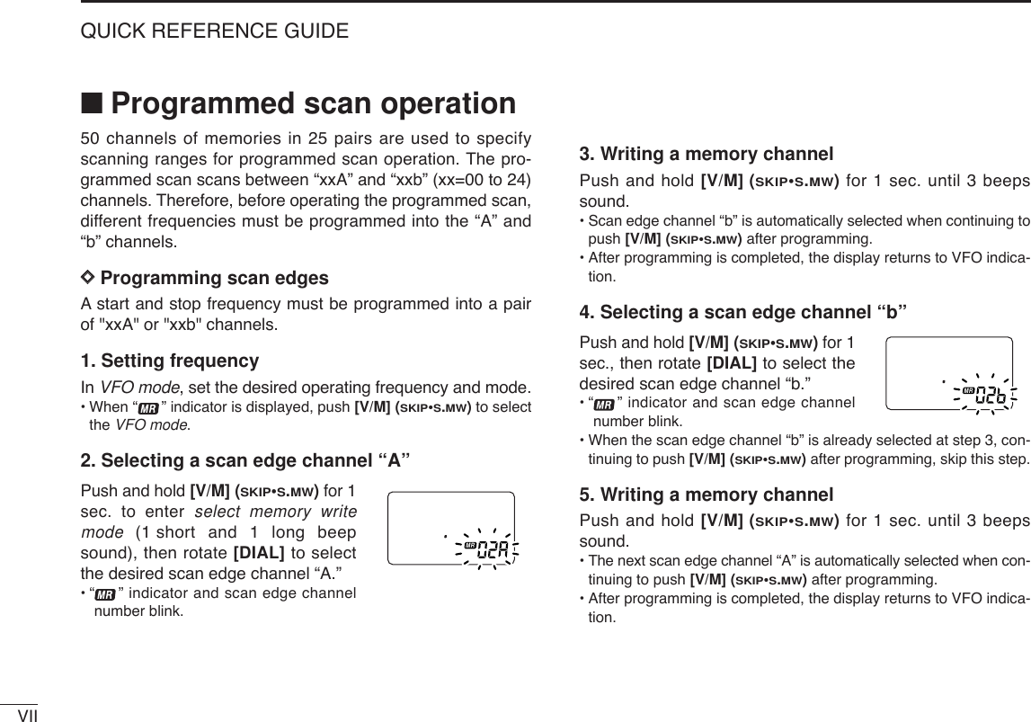 VIIQUICK REFERENCE GUIDE■Programmed scan operation50 channels of memories in 25 pairs are used to specifyscanning ranges for programmed scan operation. The pro-grammed scan scans between “xxA” and “xxb” (xx=00 to 24)channels. Therefore, before operating the programmed scan,different frequencies must be programmed into the “A” and“b” channels.DDProgramming scan edgesAstart and stop frequency must be programmed into a pairof &quot;xxA&quot; or &quot;xxb&quot; channels. 1. Setting frequencyIn VFO mode, set the desired operating frequency and mode.•When “ ” indicator is displayed, push [V/M] (SKIP•S.MW)to selectthe VFO mode.2. Selecting a scan edge channel “A”Push and hold [V/M] (SKIP•S.MW)for 1sec. to enter select memory writemode  (1short and 1 long beepsound), then rotate [DIAL] to selectthe desired scan edge channel “A.”•“ ” indicator and scan edge channelnumber blink.3. Writing a memory channelPush and hold [V/M] (SKIP•S.MW)for 1 sec. until 3 beepssound.•Scan edge channel “b” is automatically selected when continuing topush [V/M] (SKIP•S.MW)after programming.•After programming is completed, the display returns to VFO indica-tion.4. Selecting a scan edge channel “b”Push and hold [V/M] (SKIP•S.MW)for 1sec., then rotate [DIAL] to select thedesired scan edge channel “b.”•“ ” indicator and scan edge channelnumber blink.•When the scan edge channel “b” is already selected at step 3, con-tinuing to push [V/M] (SKIP•S.MW)after programming, skip this step.5. Writing a memory channelPush and hold [V/M] (SKIP•S.MW)for 1 sec. until 3 beepssound.•The next scan edge channel “A” is automatically selected when con-tinuing to push [V/M] (SKIP•S.MW)after programming.•After programming is completed, the display returns to VFO indica-tion.ATTDTCSTSQLWFMAM -DUPLOWVOL PRIO P S KI PMR519ATTDTCSTSQLWFMAM -DUPLOWVOL PRIO P S KI PMR519