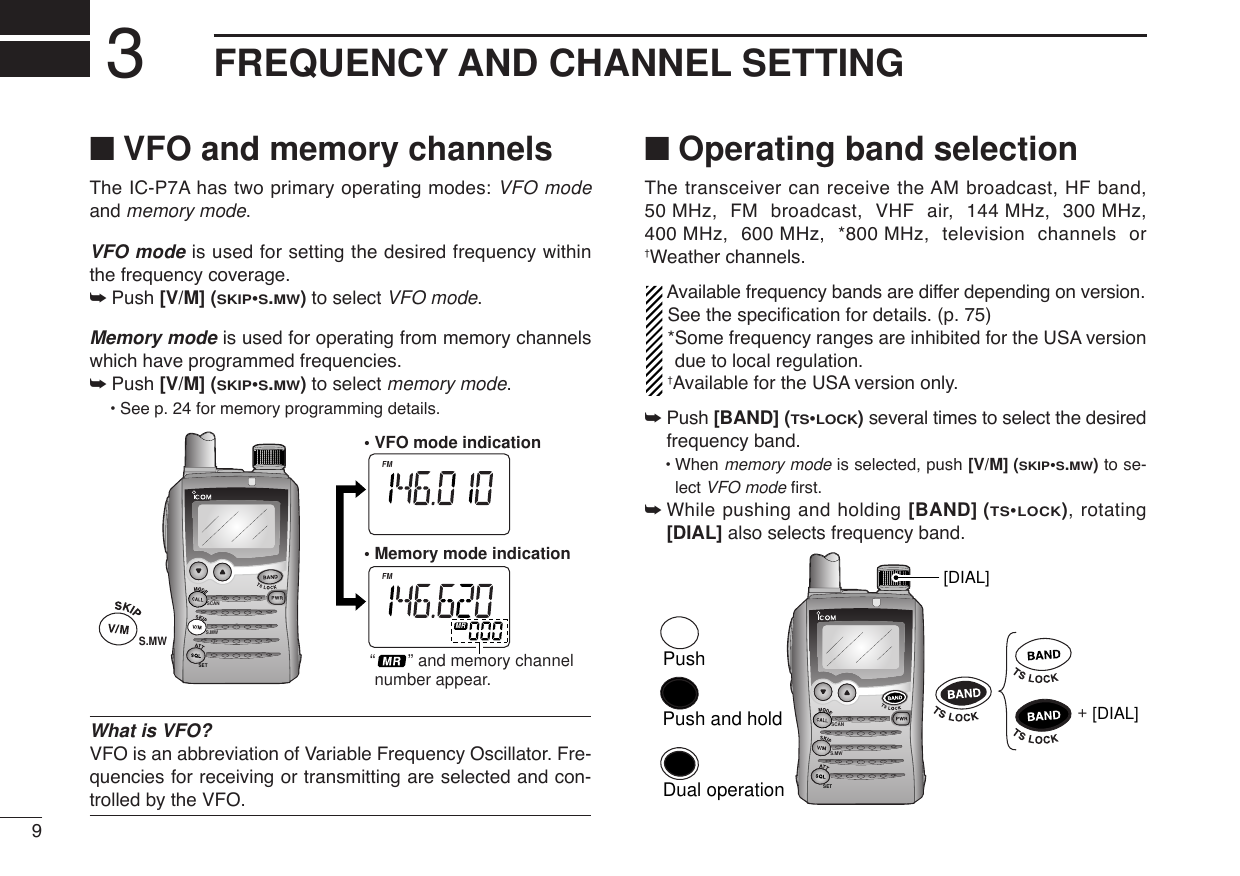 9FREQUENCY AND CHANNEL SETTING3■VFO and memory channelsThe IC-P7A has two primary operating modes: VFO modeand memory mode.VFO mode is used for setting the desired frequency withinthe frequency coverage.➥Push [V/M] (SKIP•S.MW)to select VFO mode.Memory mode is used for operating from memory channelswhich have programmed frequencies.➥Push [V/M] (SKIP•S.MW)to select memory mode.•See p. 24 for memory programming details.What is VFO?VFO is an abbreviation of Variable Frequency Oscillator. Fre-quencies for receiving or transmitting are selected and con-trolled by the VFO.■Operating band selectionThe transceiver can receive the AM broadcast, HF band,50 MHz, FM broadcast, VHF air, 144 MHz, 300 MHz,400 MHz, 600 MHz, *800 MHz, television channels or†Weather channels.Available frequency bands are differ depending on version.See the speciﬁcation for details. (p. 75)*Some frequency ranges are inhibited for the USA versiondue to local regulation.†Available for the USA version only.➥Push [BAND] (TS•LOCK)several times to select the desiredfrequency band.•When memory mode is selected, push [V/M] (SKIP•S.MW)to se-lect VFO mode ﬁrst.➥While pushing and holding [BAND] (TS•LOCK), rotating[DIAL] also selects frequency band.SCANS.MWSET[DIAL][DIAL]PushDual operationPush and hold +SCANSETS.MWATTDTCSTSQLWFMAM -DUPLOWVOL PRIO P S KI PMR519ATTDTCSTSQLWFMAM -DUPLOWVOL PRIO P S KI PMR519“       ” and memory channel  number appear.• VFO mode indication• Memory mode indicationS.MW