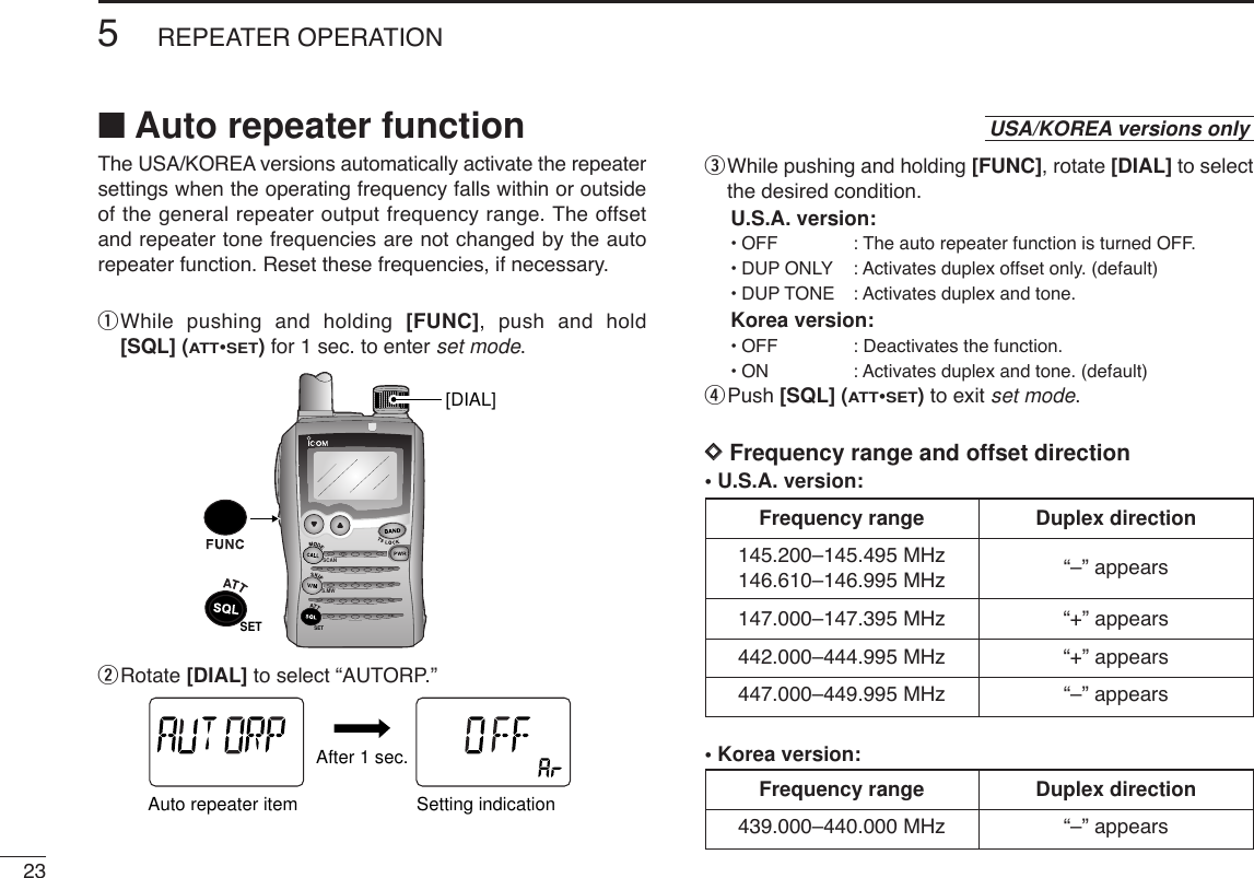 235REPEATER OPERATIONThe USA/KOREA versions automatically activate the repeatersettings when the operating frequency falls within or outsideof the general repeater output frequency range. The offsetand repeater tone frequencies are not changed by the autorepeater function. Reset these frequencies, if necessary.qWhile pushing and holding [FUNC], push and hold[SQL] (ATT•SET)for 1 sec. to enter set mode.wRotate [DIAL] to select “AUTORP.”eWhile pushing and holding [FUNC], rotate [DIAL] to selectthe desired condition.U.S.A. version:•OFF : The auto repeater function is turned OFF.•DUP ONLY : Activates duplex offset only. (default)•DUP TONE : Activates duplex and tone. Korea version:•OFF : Deactivates the function.•ON: Activates duplex and tone. (default)rPush [SQL] (ATT•SET)to exit set mode.DDFrequency range and offset direction• U.S.A. version:• Korea version:ATTDTCSTSQLWFMAM -DUPLOWVOL PRIO P S KI PMR519ATTDTCSTSQLWFMAM -DUPLOWVOL PRIO P SKIPMR519After 1 sec.Auto repeater item  Setting indicationSCANS.MWSET[DIAL]SET■Auto repeater function USA/KOREA versions onlyFrequency range Duplex direction145.200–145.495 MHz “–” appears146.610–146.995 MHz147.000–147.395 MHz “+” appears442.000–444.995 MHz “+” appears447.000–449.995 MHz “–” appearsFrequency range Duplex direction439.000–440.000 MHz “–” appears
