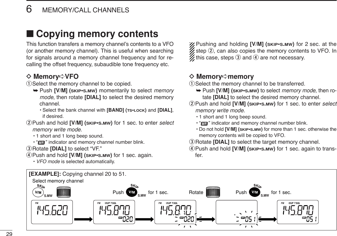296MEMORY/CALL CHANNELSThis function transfers a memory channel’s contents to a VFO(or another memory channel). This is useful when searchingfor signals around a memory channel frequency and for re-calling the offset frequency, subaudible tone frequency etc.DMemory➪VFOqSelect the memory channel to be copied.➥Push [V/M] (SKIP•S.MW)momentarily to select memorymode, then rotate [DIAL] to select the desired memorychannel.•Select the bank channel with [BAND] (TS•LOCK)and [DIAL],if desired.wPush and hold [V/M] (SKIP•S.MW)for 1 sec. to enter selectmemory write mode.•1 short and 1 long beep sound.•“ ” indicator and memory channel number blink.eRotate [DIAL] to select “VF.” rPush and hold [V/M] (SKIP•S.MW)for 1 sec. again.•VFO mode is selected automatically.Pushing and holding [V/M] (SKIP•S.MW)for 2 sec. at thestep w, can also copies the memory contents to VFO. Inthis case, steps eand rare not necessary.DMemory➪memoryqSelect the memory channel to be transferred.➥Push [V/M] (SKIP•S.MW)to select memory mode, then ro-tate [DIAL] to select the desired memory channel.wPush and hold [V/M] (SKIP•S.MW)for 1 sec. to enter selectmemory write mode.•1 short and 1 long beep sound.•“ ” indicator and memory channel number blink.•Do not hold [V/M] (SKIP•S.MW)for more than 1 sec. otherwise thememory contents will be copied to VFO.eRotate [DIAL] to select the target memory channel.rPush and hold [V/M] (SKIP•S.MW)for 1 sec. again to trans-fer.[EXAMPLE]: Copying channel 20 to 51.ATTDTCSTSQLWFMAM -DUPLOWVOL PRIO P SKIPMR519ATTDTCSTSQLWFMAM -DUPLOWVOL PRIO P S KI PMR519ATTDTCSTSQLWFMAM -DUPLOWVOL PRIO P S KI PMR519ATTDTCSTSQLWFMAM -DUPLOWVOL PRIO P S KI PMR519ATTDTCSTSQLWFMAM -DUPLOWVOL PRIO P S KI PMR519S.MWPush                  for 1 sec. RotateS.MWPush                  for 1 sec.S.MWSelect memory channel■Copying memory contents