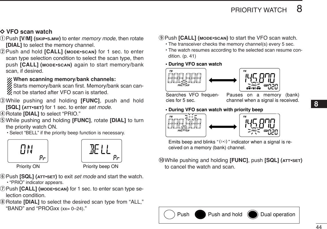 448PRIORITY WATCHDDVFO scan watchqPush [V/M] (SKIP•S.MW)to enter memory mode, then rotate[DIAL] to select the memory channel.wPush and hold [CALL] (MODE•SCAN)for 1 sec. to enterscan type selection condition to select the scan type, thenpush [CALL] (MODE•SCAN)again to start memory/bankscan, if desired.When scanning memory/bank channels:Starts memory/bank scan ﬁrst. Memory/bank scan can-not be started after VFO scan is started.eWhile pushing and holding [FUNC], push and hold[SQL] (ATT•SET)for 1 sec. to enter set mode.rRotate [DIAL] to select “PRIO.”tWhile pushing and holding [FUNC], rotate [DIAL] to turnthe priority watch ON.•Select “BELL” if the priority beep function is necessary.yPush [SQL] (ATT•SET)to exit set mode and start the watch.•“PRIO” indicator appears.uPush [CALL] (MODE•SCAN)for 1 sec. to enter scan type se-lection condition.iRotate [DIAL] to select the desired scan type from “ALL,”“BAND” and “PROGxx (xx= 0–24).”oPush [CALL] (MODE•SCAN)to start the VFO scan watch.•The transceiver checks the memory channel(s) every 5 sec.•The watch resumes according to the selected scan resume con-dition. (p. 41)!0While pushing and holding [FUNC], push [SQL] (ATT•SET)to cancel the watch and scan.ATTDTCSTSQLWFMAM -DUPLOWVOL PRIO PSKIPMR519ATTDTCSTSQLWFMAM -DUPLOWVOL PRIO PSKIPMR519ATTDTCSTSQLWFMAM -DUPLOWVOL PRIO PSKIPMR519ATTDTCSTSQLWFMAM -DUPLOWVOL PRIO PSKIPMR519• During VFO scan watchSearches VFO frequen-cies for 5 sec. Pauses on a memory (bank) channel when a signal is received.• During VFO scan watch with priority beepEmits beep and blinks “S” indicator when a signal is re-ceived on a memory (bank) channel.ATTDTCSTSQLWFMAM -DUPLOWVOL PRIO P SK IPMR519ATTDTCSTSQLWFMAM -DUPLOWVOL PRIO P SK IPMR519Priority ON Priority beep ON8Push Push and hold Dual operation