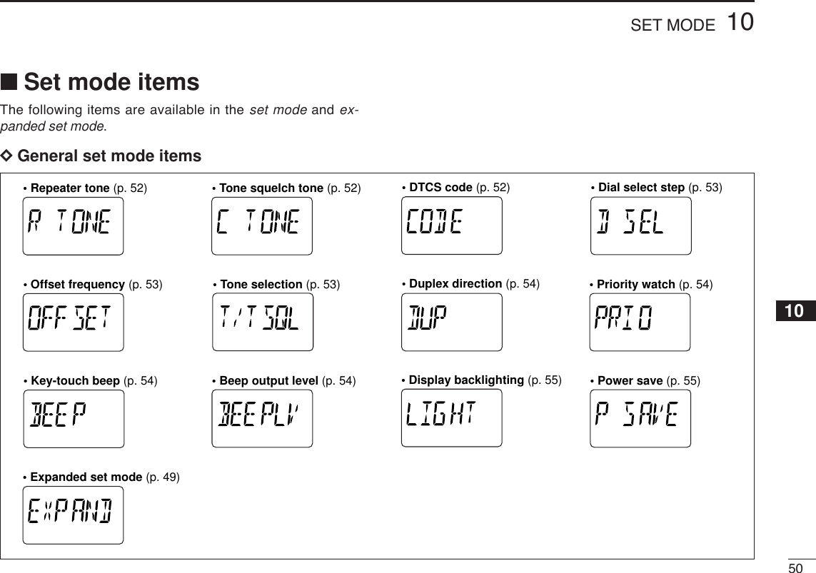 5010SET MODE■Set mode itemsThe following items are available in the set mode and ex-panded set mode.DDGeneral set mode items10• Repeater tone (p. 52) • Tone squelch tone (p. 52)• Key-touch beep (p. 54) • Beep output level (p. 54) • Display backlighting (p. 55)• DTCS code (p. 52)• Tone selection (p. 53) • Duplex direction (p. 54)• Offset frequency (p. 53)• Dial select step (p. 53)• Priority watch (p. 54)• Expanded set mode (p. 49)• Power save (p. 55)