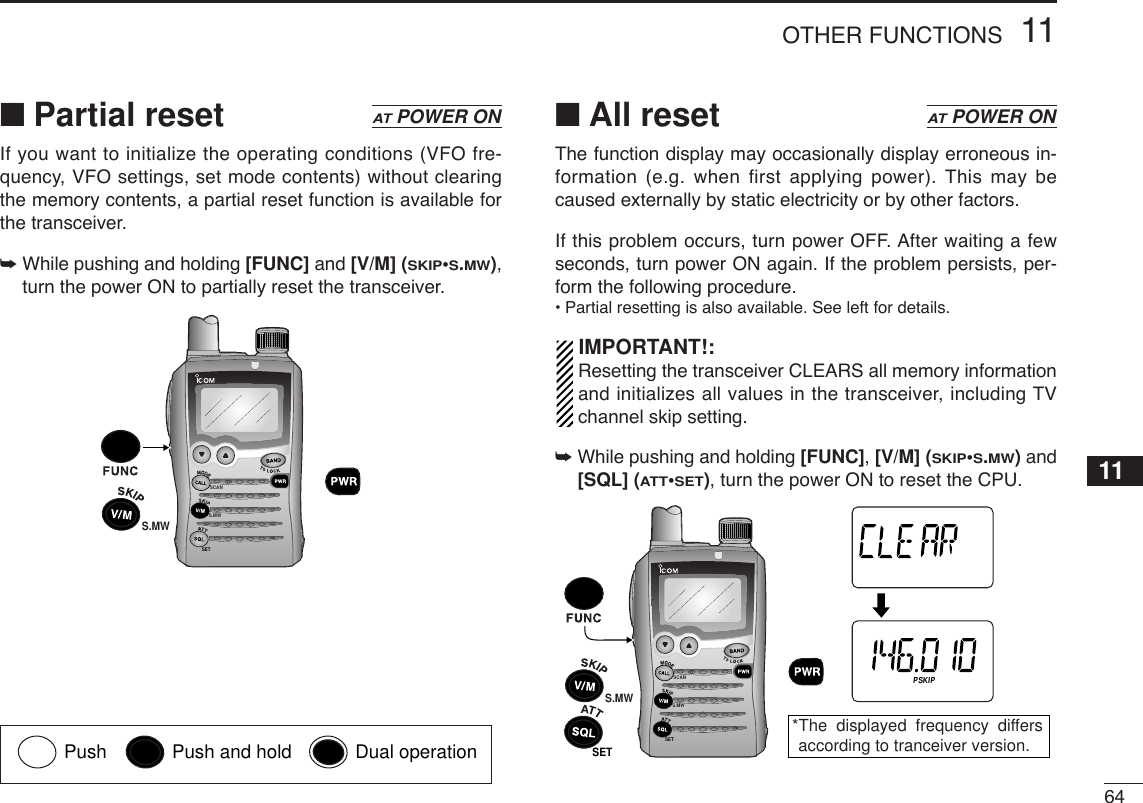 6411OTHER FUNCTIONS■Partial resetIf you want to initialize the operating conditions (VFO fre-quency, VFO settings, set mode contents) without clearingthe memory contents, a partial reset function is available forthe transceiver.➥While pushing and holding [FUNC] and [V/M] (SKIP•S.MW),turn the power ON to partially reset the transceiver.■All resetThe function display may occasionally display erroneous in-formation (e.g. when first applying power). This may becaused externally by static electricity or by other factors.If this problem occurs, turn power OFF. After waiting a fewseconds, turn power ON again. If the problem persists, per-form the following procedure.•Partial resetting is also available. See left for details.IMPORTANT!:Resetting the transceiver CLEARS all memory informationand initializes all values in the transceiver, including TVchannel skip setting.➥While pushing and holding [FUNC], [V/M] (SKIP•S.MW)and[SQL] (ATT•SET), turn the power ON to reset the CPU.SCANS.MWSETATTDTCSTSQLWFMAM -DUPLOWVOL PRIO P SK IPMR519ATTDTCSTSQLWFMAM -DUPLOWVOL PRIO P SK IPMR519SETS.MW*The displayed frequency differs according to tranceiver version. ATPOWER ONSCANS.MWSETS.MWATPOWER ON11Push Push and hold Dual operation