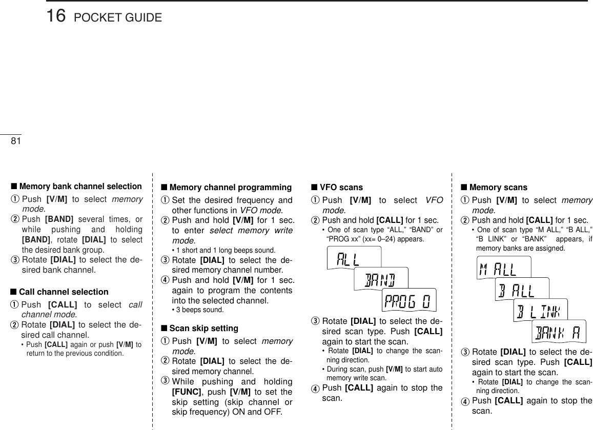 8116 POCKET GUIDEqwe■ Memory bank channel selectionPush  [V/M] to select memory mode.Push  [BAND] several times, or while pushing and holding [BAND], rotate [DIAL] to select the desired bank group.Rotate [DIAL] to select the de-sired bank channel.qw■ Call channel selectionPush  [CALL] to select call channel mode.Rotate [DIAL] to select the de-sired call channel.• Push [CALL] again or push [V/M] to return to the previous condition.qwer■ Memory channel programmingSet the desired frequency and other functions in VFO mode.Push and hold [V/M] for 1 sec. to enter select memory write mode.• 1 short and 1 long beeps sound.Rotate  [DIAL] to select the de-sired memory channel number.Push and hold [V/M] for 1 sec. again to program the contents into the selected channel.• 3 beeps sound.qwe■ Scan skip settingPush  [V/M] to select memory mode.Rotate  [DIAL] to select the de-sired memory channel.While pushing and holding [FUNC], push [V/M] to set the skip setting (skip channel or skip frequency) ON and OFF.qw■ VFO scansPush  [V/M] to select VFO mode.Push and hold [CALL] for 1 sec.• One of scan type “ALL,” “BAND” or “PROG xx” (xx= 0–24) appears. erRotate [DIAL] to select the de-sired scan type. Push [CALL] again to start the scan.• Rotate [DIAL] to change the scan-ning direction.• During scan, push [V/M] to start auto memory write scan.Push [CALL] again to stop the scan.erRotate [DIAL] to select the de-sired scan type. Push [CALL] again to start the scan.• Rotate [DIAL] to change the scan-ning direction.Push [CALL] again to stop the scan.qw■ Memory scansPush  [V/M] to select memory mode.Push and hold [CALL] for 1 sec.• One of scan type “M ALL,” “B ALL,” “B LINK” or “BANK”  appears, if memory banks are assigned.