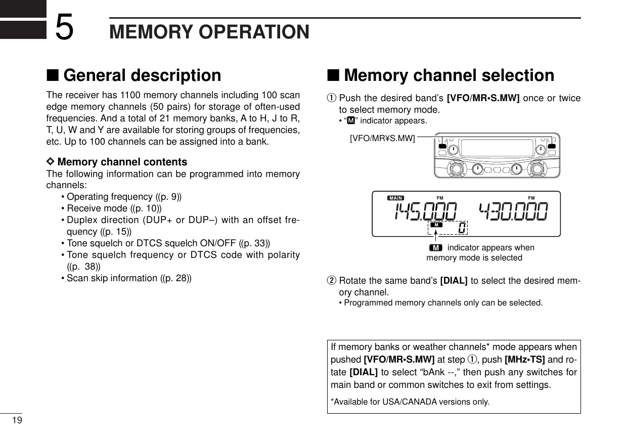 19MEMORY OPERATION5■General descriptionThe receiver has 1100 memory channels including 100 scanedge memory channels (50 pairs) for storage of often-usedfrequencies. And a total of 21 memory banks, A to H, J to R,T, U, W and Y are available for storing groups of frequencies,etc. Up to 100 channels can be assigned into a bank.DDMemory channel contentsThe following information can be programmed into memorychannels:•Operating frequency ((p. 9))•Receive mode ((p. 10))•Duplex direction (DUP+ or DUP–) with an offset fre-quency ((p. 15))•Tone squelch or DTCS squelch ON/OFF ((p. 33))•Tone squelch frequency or DTCS code with polarity((p. 38))•Scan skip information ((p. 28))■Memory channel selectionqPush the desired band’s [VFO/MR•S.MW] once or twiceto select memory mode.•“M” indicator appears.wRotate the same band’s [DIAL] to select the desired mem-ory channel.•Programmed memory channels only can be selected.! indicator appears whenmemory mode is selected[VFO/MR¥S.MW] If memory banks or weather channels* mode appears whenpushed [VFO/MR•S.MW] at step q, push [MHz•TS] and ro-tate [DIAL] to select “bAnk --,” then push any switches formain band or common switches to exit from settings.*Available for USA/CANADA versions only.