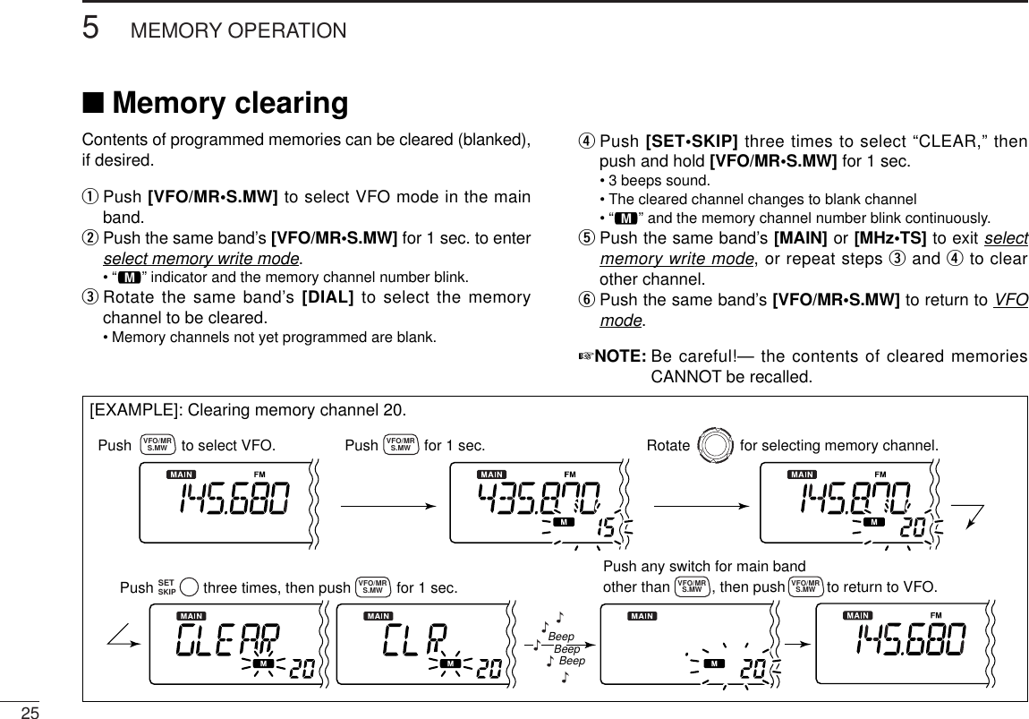 5MEMORY OPERATION25Contents of programmed memories can be cleared (blanked),if desired.qPush [VFO/MR•S.MW] to select VFO mode in the mainband.wPush the same band’s [VFO/MR•S.MW] for 1 sec. to enterselect memory write mode.•“!” indicator and the memory channel number blink.eRotate the same band’s [DIAL] to select the memorychannel to be cleared.•Memory channels not yet programmed are blank.rPush [SET•SKIP] three times to select “CLEAR,” thenpush and hold [VFO/MR•S.MW] for 1 sec.•3 beeps sound.•The cleared channel changes to blank channel•“!” and the memory channel number blink continuously.tPush the same band’s [MAIN] or [MHz•TS] to exit selectmemory write mode, or repeat steps eand rto clearother channel.yPush the same band’s [VFO/MR•S.MW] to return to VFOmode.☞NOTE: Be careful!— the contents of cleared memoriesCANNOT be recalled.[EXAMPLE]: Clearing memory channel 20.Push            to select VFO. Rotate            for selecting memory channel.Push           for 1 sec.S.MWVFO/MR S.MWVFO/MRS.MWVFO/MRPush any switch for main band other than          , then push          to return to VFO.S.MWVFO/MR S.MWVFO/MRPush            three times, then push           for 1 sec.SETSKIPBeepBeepBeep“““““■Memory clearing