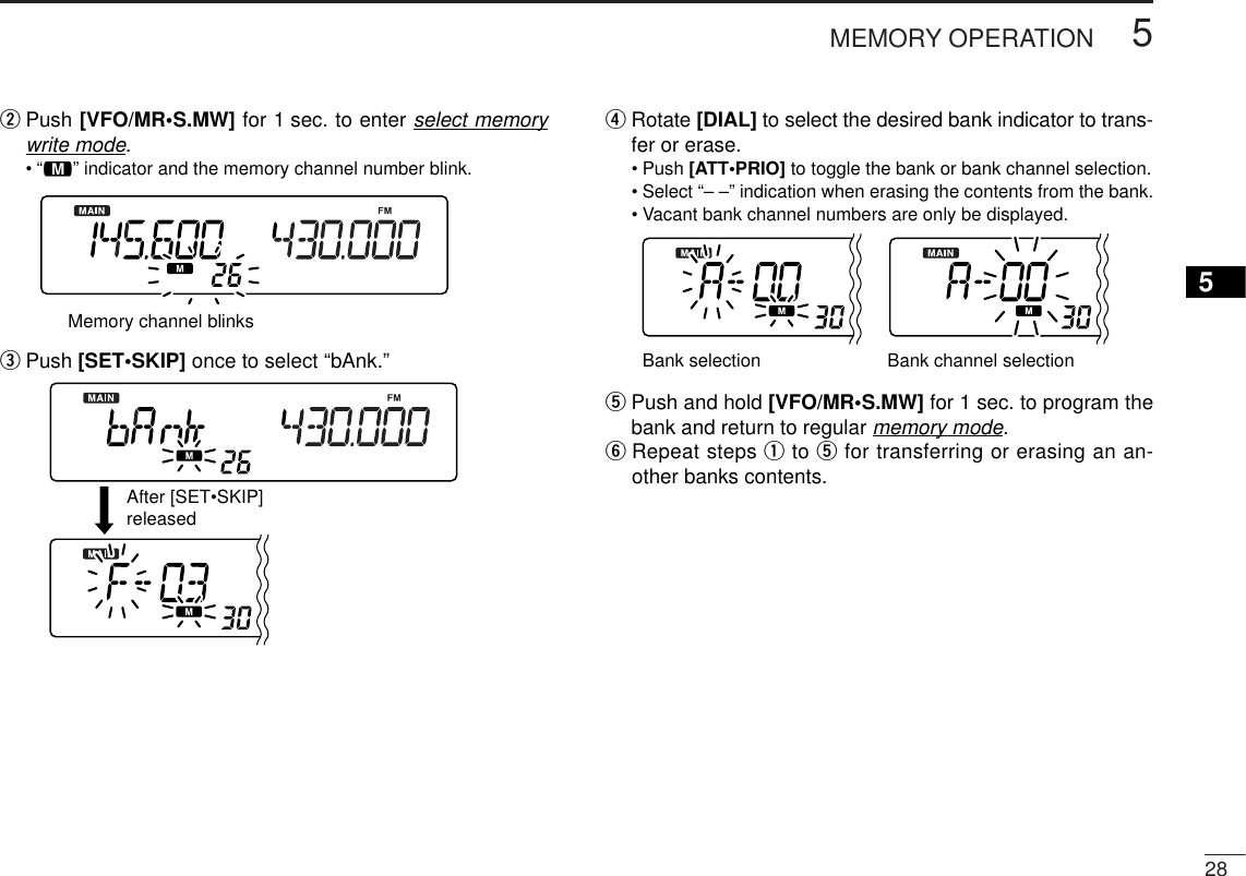 285MEMORY OPERATION5wPush [VFO/MR•S.MW] for 1 sec. to enter select memorywrite mode.•“!” indicator and the memory channel number blink.ePush [SET•SKIP] once to select “bAnk.”rRotate [DIAL] to select the desired bank indicator to trans-fer or erase.•Push [ATT•PRIO] to toggle the bank or bank channel selection.•Select “– –” indication when erasing the contents from the bank.•Vacant bank channel numbers are only be displayed.tPush and hold [VFO/MR•S.MW] for 1 sec. to program thebank and return to regular memory mode. yRepeat steps qto tfor transferring or erasing an an-other banks contents.Bank selection Bank channel selectionAfter [SET•SKIP]releasedMemory channel blinks