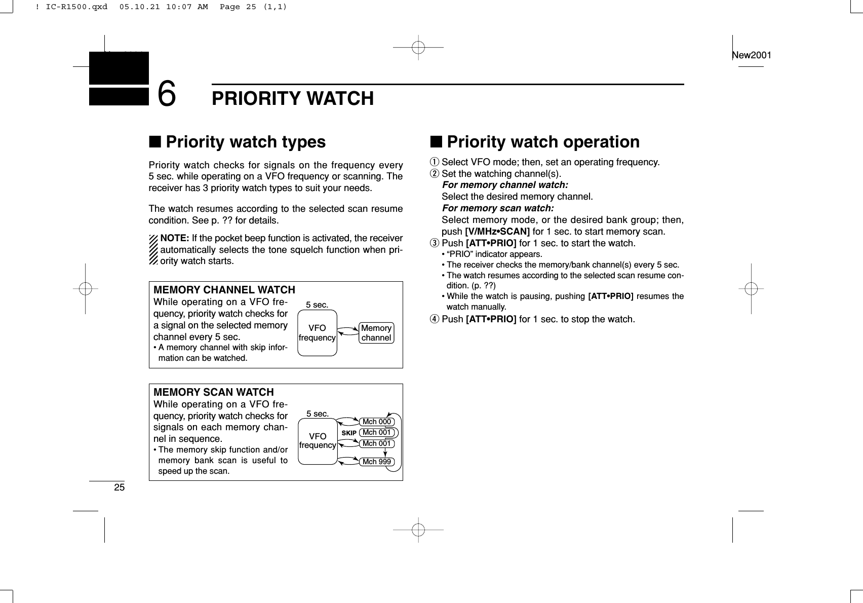 25PRIORITY WATCHNew2001New20016■Priority watch typesPriority watch checks for signals on the frequency every5 sec. while operating on a VFO frequency or scanning. Thereceiver has 3 priority watch types to suit your needs.The watch resumes according to the selected scan resumecondition. See p. ?? for details.NOTE: If the pocket beep function is activated, the receiverautomatically selects the tone squelch function when pri-ority watch starts.■Priority watch operationqSelect VFO mode; then, set an operating frequency.wSet the watching channel(s).For memory channel watch:Select the desired memory channel.For memory scan watch:Select memory mode, or the desired bank group; then,push [V/MHz•SCAN] for 1 sec. to start memory scan.ePush [ATT•PRIO] for 1 sec. to start the watch.• “PRIO” indicator appears.• The receiver checks the memory/bank channel(s) every 5 sec.• The watch resumes according to the selected scan resume con-dition. (p. ??)• While the watch is pausing, pushing [ATT•PRIO] resumes thewatch manually.rPush [ATT•PRIO] for 1 sec. to stop the watch.MEMORY CHANNEL WATCHWhile operating on a VFO fre-quency, priority watch checks fora signal on the selected memorychannel every 5 sec.• A memory channel with skip infor-mation can be watched.5 sec.VFOfrequencyMemorychannelMEMORY SCAN WATCHWhile operating on a VFO fre-quency, priority watch checks forsignals on each memory chan-nel in sequence.• The memory skip function and/ormemory bank scan is useful tospeed up the scan.5 sec.VFOfrequencySKIPMch 000Mch 001Mch 001Mch 999! IC-R1500.qxd  05.10.21 10:07 AM  Page 25 (1,1)