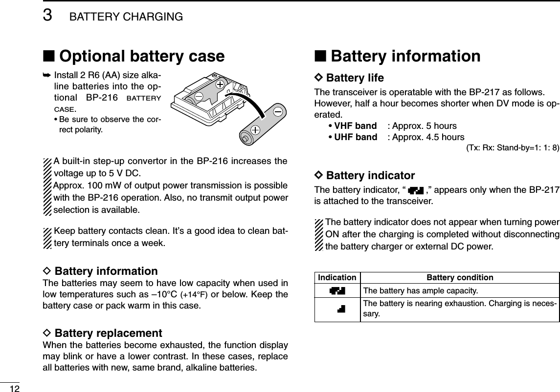123BATTERY CHARGING■Optional battery case➥Install 2 R6 (AA) size alka-line batteries into the op-tional BP-216 BATTERYCASE.• Be sure to observe the cor-rect polarity.A built-in step-up convertor in the BP-216 increases thevoltage up to 5 V DC.Approx. 100 mW of output power transmission is possiblewith the BP-216 operation. Also, no transmit output powerselection is available.Keep battery contacts clean. It’s a good idea to clean bat-tery terminals once a week.DBattery informationThe batteries may seem to have low capacity when used inlow temperatures such as –10°C (+14°F) or below. Keep thebattery case or pack warm in this case.DBattery replacementWhen the batteries become exhausted, the function displaymay blink or have a lower contrast. In these cases, replaceall batteries with new, same brand, alkaline batteries.■Battery informationDDBattery lifeThe transceiver is operatable with the BP-217 as follows.However, half a hour becomes shorter when DV mode is op-erated.•VHF band : Approx. 5 hours•UHF band : Approx. 4.5 hours(Tx: Rx: Stand-by=1: 1: 8)DDBattery indicator The battery indicator, “ ,” appears only when the BP-217is attached to the transceiver.The battery indicator does not appear when turning powerON after the charging is completed without disconnectingthe battery charger or external DC power.Indication Battery conditionThe battery has ample capacity. The battery is nearing exhaustion. Charging is neces-sary.