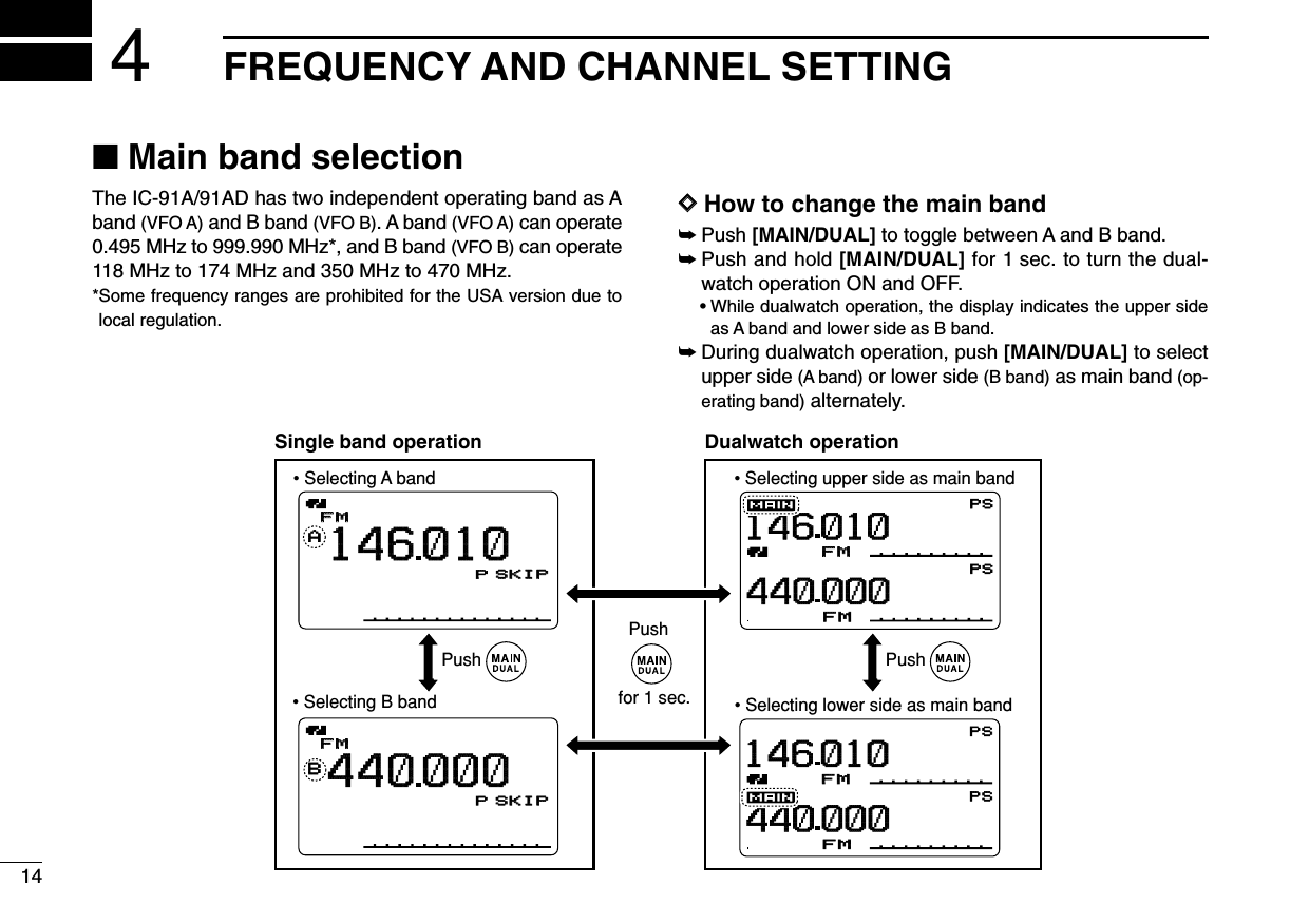 14FREQUENCY AND CHANNEL SETTING4■Main band selectionThe IC-91A/91AD has two independent operating band as Aband (VFO A) and B band (VFO B). A band (VFO A) can operate0.495 MHz to 999.990 MHz*, and B band (VFO B) can operate118 MHz to 174 MHz and 350 MHz to 470 MHz. *Some frequency ranges are prohibited for the USA version due tolocal regulation.DDHow to change the main band➥Push [MAIN/DUAL] to toggle between A and B band.➥Push and hold [MAIN/DUAL] for 1 sec. to turn the dual-watch operation ON and OFF.• While dualwatch operation, the display indicates the upper sideas A band and lower side as B band.➥During dualwatch operation, push [MAIN/DUAL] to selectupper side (A band) or lower side (B band) as main band (op-erating band) alternately.DTCSDTCSWPSEMWPSFMFMPRIOPRIO+DUP+DUP+DUP+DUPFM1460104400002550µ000000µ000000DTCSDTCSWPSEMEMWPSFMFMPRIOPRIO+DUP+DUP+DUP+DUPFM1460104400002550µ000000µ000000AMemoNameµPRIOPRIO WXWX EMREMRDTCSDTCSFMFMLOWLOWATTATT146010PSKIPSKIP+DUP+DUP2525000MemoNameµPRIOPRIO WXWX EMREMRDTCSDTCSFMFMBLOWLOWATTATT440000PSKIPSKIP+DUP+DUP2525000Push Push• Selecting A band • Selecting upper side as main band• Selecting lower side as main band• Selecting B bandPushDTCSDTCSWPSEMWPSFMPRIOPRIO+DUP+DUPFM146 010440 0002550µ000µ000DTCSDTCSWPSEMWPSFMPRIOPRIO+DUP+DUPFM146 010440 0002550µ000µ000AMemoNameµPRIO WX EMRDTCSFMLOWATT146010P SKIP+DUP25000MemoNameµPRIO WX EMRDTCSFMBLOWATT440000P SKIP+DUP25000Single band operation Dualwatch operationfor 1 sec.