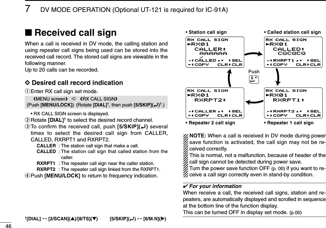 467DV MODE OPERATION (Optional UT-121 is required for IC-91A)■Received call signWhen a call is received in DV mode, the calling station andusing repeater call signs being used can be stored into thereceived call record. The stored call signs are viewable in thefollowing manner.Up to 20 calls can be recorded.DDDesired call record indicationqEnter RX call sign set mode.•RX CALL SIGN screen is displayed.wRotate [DIAL]†to select the desired record channel.eTo confirm the received call, push [5/SKIP](ï)severaltimes to select the desired call sign from CALLER,CALLED, RXRPT1 and RXRPT2.CALLER : The station call sign that make a call.CALLED : The station call sign that called station from thecaller.RXRPT1 : The repeater call sign near the caller station.RXRPT2 : The repeater call sign linked from the RXRPT1.rPush [MENU/LOCK] to return to frequency indication.NOTE: When a call is received in DV mode during powersave function is activated, the call sign may not be re-ceived correctly. This is normal, not a malfunction, because of header of thecall sign cannot be detected during power save.Turn the power save function OFF (p. 00) if you want to re-ceive a call sign correctly even in stand-by condition.✔For your informationWhen receive a call, the received call signs, station and re-peaters, are automatically displayed and scrolled in sequenceat the bottom line of the function display.This can be turned OFF in display set mode. (p.00)RX01RX01 CALLER: CALLER:   AAAAAAAAAAAA   /:CALLED :SEL:COPY CLR:CLRRX CALL SIGNrRX01RX01 CALLED: CALLED:   CQCQCQCQCQCQ:RXRPT1 :SEL:COPY CLR:CLRRX CALL SIGNrRX01RX01 RXRPT2: RXRPT2:   :CALLER :SEL:COPY CLR:CLRRX CALL SIGNrRX01RX01 RXRPT1: RXRPT1:   :RXRPT2 :SEL:COPY CLR:CLRRX CALL SIGNrPush• Station call sign • Called station call sign• Repeater 1 call sign• Repeater 2 call signMENU screen➪RX CALL SIGN(Push [MENU/LOCK]) (Rotate [DIAL]†, then push [5/SKIP](ï)†.)†[DIAL] ↔[2/SCAN](∫∫)/[8/TS](√√) [5/SKIP](ï)↔[6/M.N](≈≈)