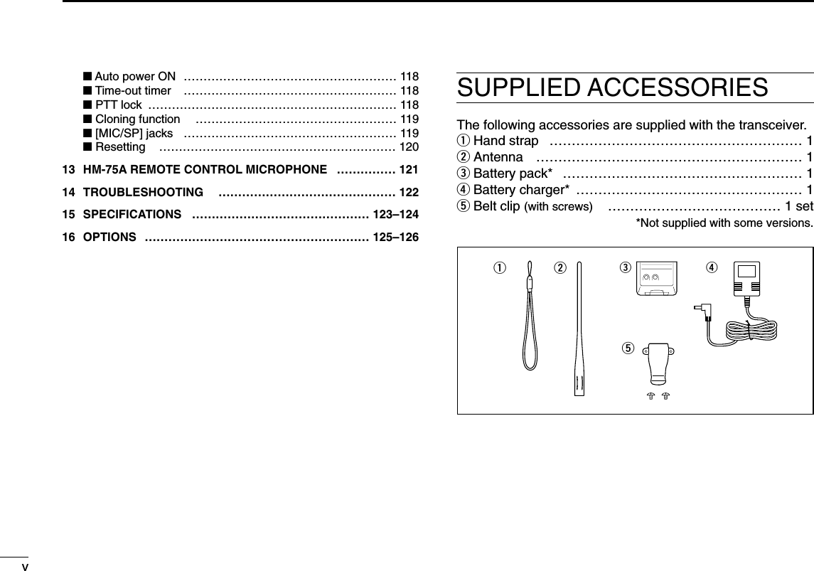 ■Auto power ON  ……………………………………………… 118■Time-out timer  ……………………………………………… 118■PTT lock ……………………………………………………… 118■Cloning function  …………………………………………… 119■[MIC/SP] jacks ……………………………………………… 119■Resetting …………………………………………………… 12013 HM-75A REMOTE CONTROL MICROPHONE  …………… 12114 TROUBLESHOOTING ……………………………………… 12215 SPECIFICATIONS ……………………………………… 123–12416 OPTIONS ………………………………………………… 125–126SUPPLIED ACCESSORIESThe following accessories are supplied with the transceiver.qHand strap  ………………………………………………… 1wAntenna …………………………………………………… 1eBattery pack*  ……………………………………………… 1rBattery charger*  …………………………………………… 1tBelt clip (with screws) ………………………………… 1 set*Not supplied with some versions.reqtwv
