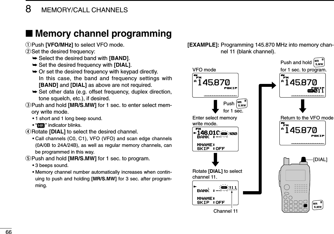 668MEMORY/CALL CHANNELS■Memory channel programmingqPush [VFO/MHz] to select VFO mode.wSet the desired frequency:➥Select the desired band with [BAND].➥Set the desired frequency with [DIAL].➥Or set the desired frequency with keypad directly.In this case, the band and frequency settings with[BAND] and [DIAL] as above are not required.➥Set other data (e.g. offset frequency, duplex direction,tone squelch, etc.), if desired.ePush and hold [MR/S.MW] for 1 sec. to enter select mem-ory write mode.•1 short and 1 long beep sound.•“µµ” indicator blinks.rRotate [DIAL] to select the desired channel.•Call channels (C0, C1), VFO (VFO) and scan edge channels(0A/0B to 24A/24B), as well as regular memory channels, canbe programmed in this way.tPush and hold [MR/S.MW] for 1 sec. to program.•3 beeps sound.•Memory channel number automatically increases when contin-uing to push and holding [MR/S.MW] for 3 sec. after program-ming.[EXAMPLE]: Programming 145.870 MHz into memory chan-nel 11 (blank channel).[DIAL]146010BANKBANK :----:----    MNAME:MNAME:SKIPSKIP :OFF:OFFFMFMrµ000BANKBANK :----:----    MNAME:MNAME:SKIPSKIP :OFF:OFFrµ011AFMFM145870PSKIPPSKIPAFMFM145870PSKIPPSKIPAµFMFM145870PSKIPPSKIP011VFO modeEnter select memory write mode.Rotate [DIAL] to selectchannel 11.Pushfor 1 sec.Channel 11Push and holdfor 1 sec. to program.Return to the VFO mode