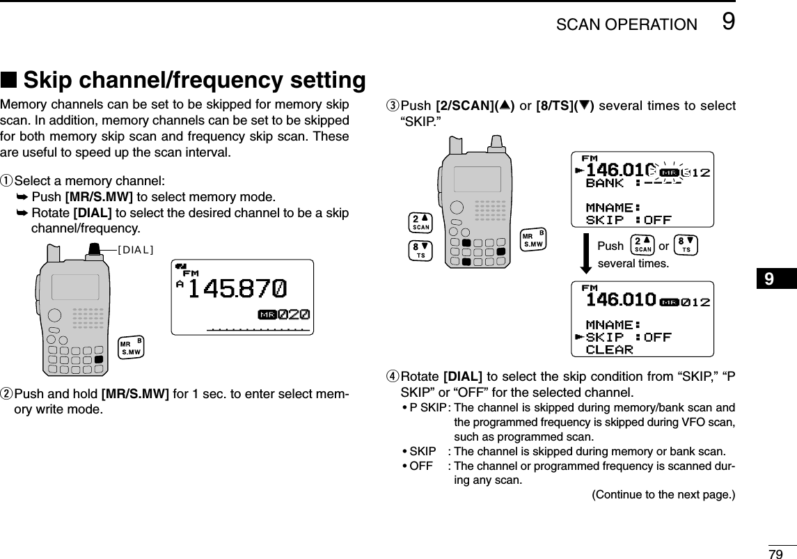 799SCAN OPERATION12345678910111213141516171819■Skip channel/frequency settingMemory channels can be set to be skipped for memory skipscan. In addition, memory channels can be set to be skippedfor both memory skip scan and frequency skip scan. Theseare useful to speed up the scan interval.qSelect a memory channel:➥Push [MR/S.MW] to select memory mode.➥Rotate [DIAL] to select the desired channel to be a skipchannel/frequency.wPush and hold [MR/S.MW] for 1 sec. to enter select mem-ory write mode.ePush [2/SCAN](∫∫)or [8/TS](√√)several times to select“SKIP.”rRotate [DIAL] to select the skip condition from “SKIP,” “PSKIP” or “OFF” for the selected channel.•P SKIP: The channel is skipped during memory/bank scan andthe programmed frequency is skipped during VFO scan,such as programmed scan.•SKIP : The channel is skipped during memory or bank scan. •OFF : The channel or programmed frequency is scanned dur-ing any scan.(Continue to the next page.)146010BANK :----  MNAME:SKIP :OFFFMFMrµ012146010  MNAME:SKIP :OFFCLEARFMFMrµ012orseveral times.PushFMFMAµ020020145870[DIAL]