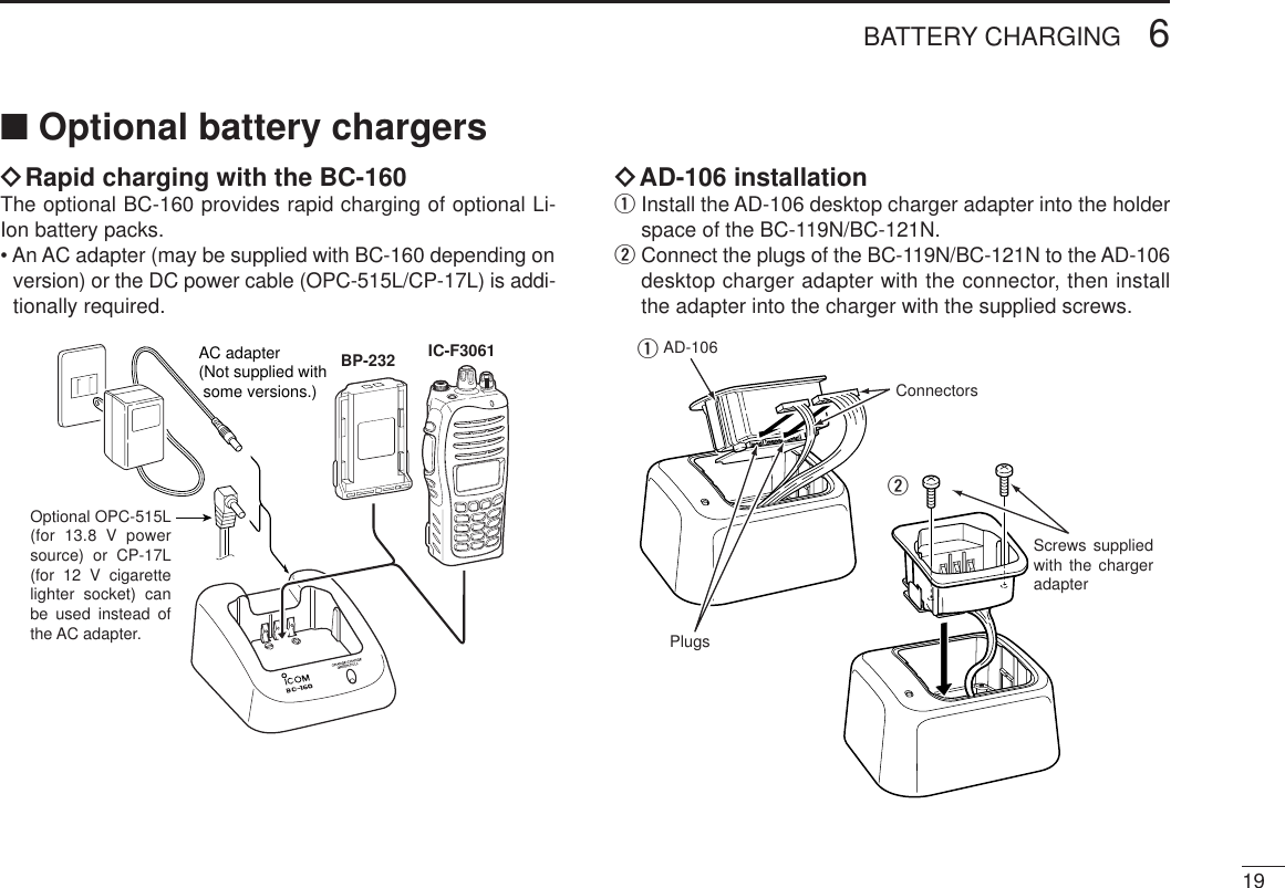 196BATTERY CHARGING■Optional battery chargersïRapid charging with the BC-160The optional BC-160 provides rapid charging of optional Li-Ion battery packs.• An AC adapter (may be supplied with BC-160 depending onversion) or the DC power cable (OPC-515L/CP-17L) is addi-tionally required.ïAD-106 installationqInstall the AD-106 desktop charger adapter into the holderspace of the BC-119N/BC-121N.wConnect the plugs of the BC-119N/BC-121N to the AD-106desktop charger adapter with the connector, then installthe adapter into the charger with the supplied screws.Screws supplied with the charger adapterAD-106ConnectorsPlugsqwAC adapter(Not supplied with  some versions.)Optional OPC-515L (for 13.8 V power source) or CP-17L (for 12 V cigarette lighter socket) can be used instead of the AC adapter.IC-F3061BP-232