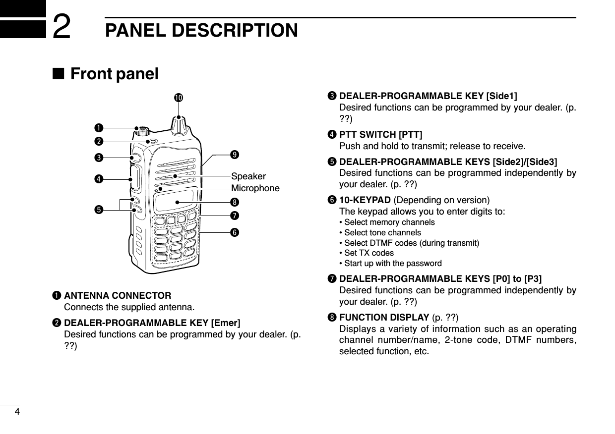 42PANEL DESCRIPTION■Front panelqANTENNA CONNECTORConnects the supplied antenna.wDEALER-PROGRAMMABLE KEY [Emer]Desired functions can be programmed by your dealer. (p.??)eDEALER-PROGRAMMABLE KEY [Side1]Desired functions can be programmed by your dealer. (p.??)rPTT SWITCH [PTT]Push and hold to transmit; release to receive.tDEALER-PROGRAMMABLE KEYS [Side2]/[Side3]Desired functions can be programmed independently byyour dealer. (p. ??)y10-KEYPAD (Depending on version)The keypad allows you to enter digits to:• Select memory channels• Select tone channels• Select DTMF codes (during transmit)• Set TX codes• Start up with the passworduDEALER-PROGRAMMABLE KEYS [P0] to [P3]Desired functions can be programmed independently byyour dealer. (p. ??)iFUNCTION DISPLAY (p. ??)Displays a variety of information such as an operatingchannel number/name, 2-tone code, DTMF numbers,selected function, etc.qwreoiuyMicrophoneSpeaker!0t