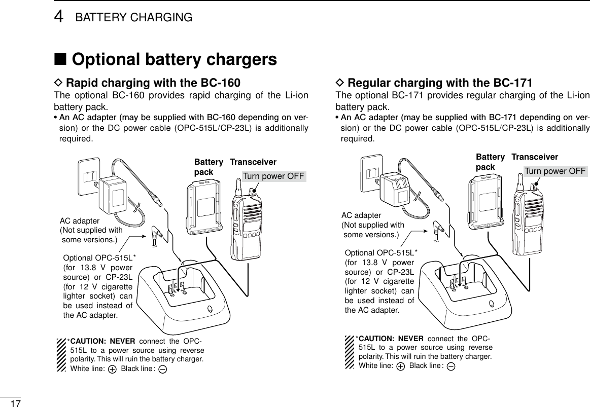 174BATTERY CHARGINGOptional battery chargers ■Rapid charging with the BC-160 DThe optional BC-160 provides rapid charging of the Li-ion battery pack.•  An AC adapter (may be supplied with BC-160 depending on ver-sion) or the DC power cable (OPC-515L/CP-23L) is additionally required.AC adapter(Not supplied with  some versions.)Optional OPC-515L (for 13.8  V  power source)  or  CP-23L (for  12  V  cigarette lighter  socket)  can be  used  instead  of the AC adapter.*TransceiverBatterypack Turn power OFFCAUTION:  NEVER  connect  the  OPC-515L  to  a  power  source  using  reverse polarity. This will ruin the battery charger.White line:        Black line :*Regular charging with the BC-171 DThe optional BC-171 provides regular charging of the Li-ion battery pack.•  An AC adapter (may be supplied with BC-171 depending on ver-sion) or the DC power cable (OPC-515L/CP-23L) is additionally required.AC adapter(Not supplied with  some versions.)Optional OPC-515L (for 13.8  V  power source)  or  CP-23L (for  12  V  cigarette lighter  socket)  can be  used  instead  of the AC adapter.*TransceiverBatterypack Turn power OFFCAUTION:  NEVER  connect  the  OPC-515L  to  a  power  source  using  reverse polarity. This will ruin the battery charger.White line:        Black line :*