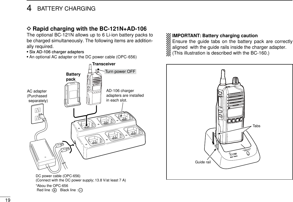 194BATTERY CHARGINGRapid charging with the BC-121N+AD-106 DThe optional BC-121N allows up to 6 Li-ion battery packs to be charged simultaneously. The following items are addition-ally required.• Six AD-106 charger adapters•  An optional AC adapter or the DC power cable (OPC-656)BatterypackAD-106 chargeradapters are installedin each slot.AC adapter(Purchased separately)TransceiverDC power cable (OPC-656)(Connect with the DC power supply; 13.8 V/at least 7 A)*Abou the OPC-656 Red line :        Black line :     Turn power OFF IMPORTANT: Battery charging caution  Ensure the guide tabs on the battery pack are correctly aligned  with the guide rails inside the charger adapter.  (This illustration is described with the BC-160.)Guide railTabs