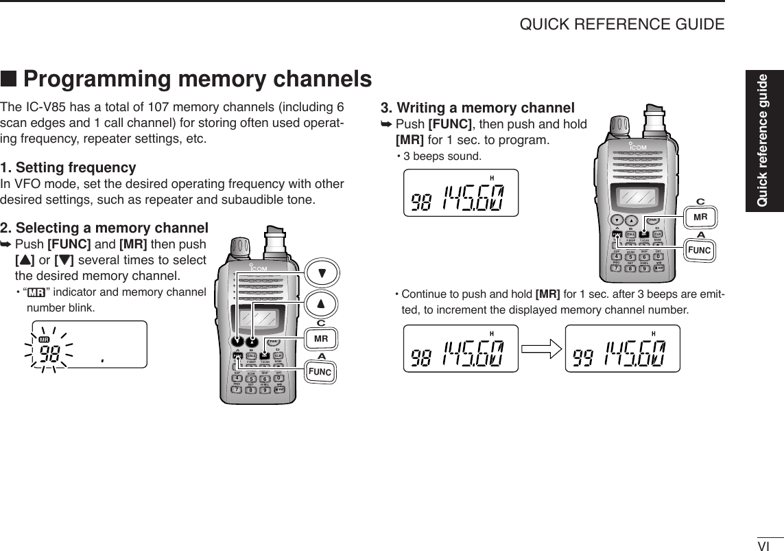 VIQUICK REFERENCE GUIDEQuick reference guideThe IC-V85 has a total of 107 memory channels (including 6scan edges and 1 call channel) for storing often used operat-ing frequency, repeater settings, etc.1. Setting frequencyIn VFO mode, set the desired operating frequency with otherdesired settings, such as repeater and subaudible tone.2. Selecting a memory channel➥Push [FUNC] and [MR] then push[YY] or [ZZ]several times to selectthe desired memory channel.•“X” indicator and memory channelnumber blink.3. Writing a memory channel➥Push [FUNC], then push and hold[MR] for 1 sec. to program.•3 beeps sound.•Continue to push and hold [MR] for 1 sec. after 3 beeps are emit-ted, to increment the displayed memory channel number.DUP SCANPRIOSETH/M/LOPTSKIPBANKTONET.SCANP.BEEPABDCCALLENTMR CLRFUNCPWR9874123560AFUNCCMRDUP SCANPRIOSETH/M/LOPTSKIPBANKTONET.SCANP.BEEPABDCCALLENTMR CLRFUNCPWR9874123560AFUNCCMR■Programming memory channels