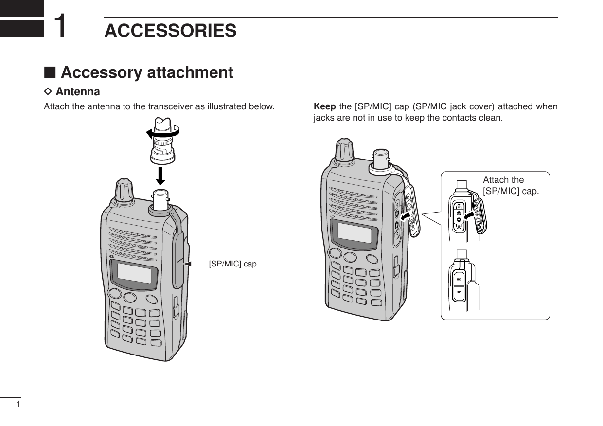 1ACCESSORIES1■Accessory attachmentDAntennaAttach the antenna to the transceiver as illustrated below. Keep the [SP/MIC] cap (SP/MIC jack cover) attached whenjacks are not in use to keep the contacts clean.Attach the[SP/MIC] cap.[SP/MIC] cap