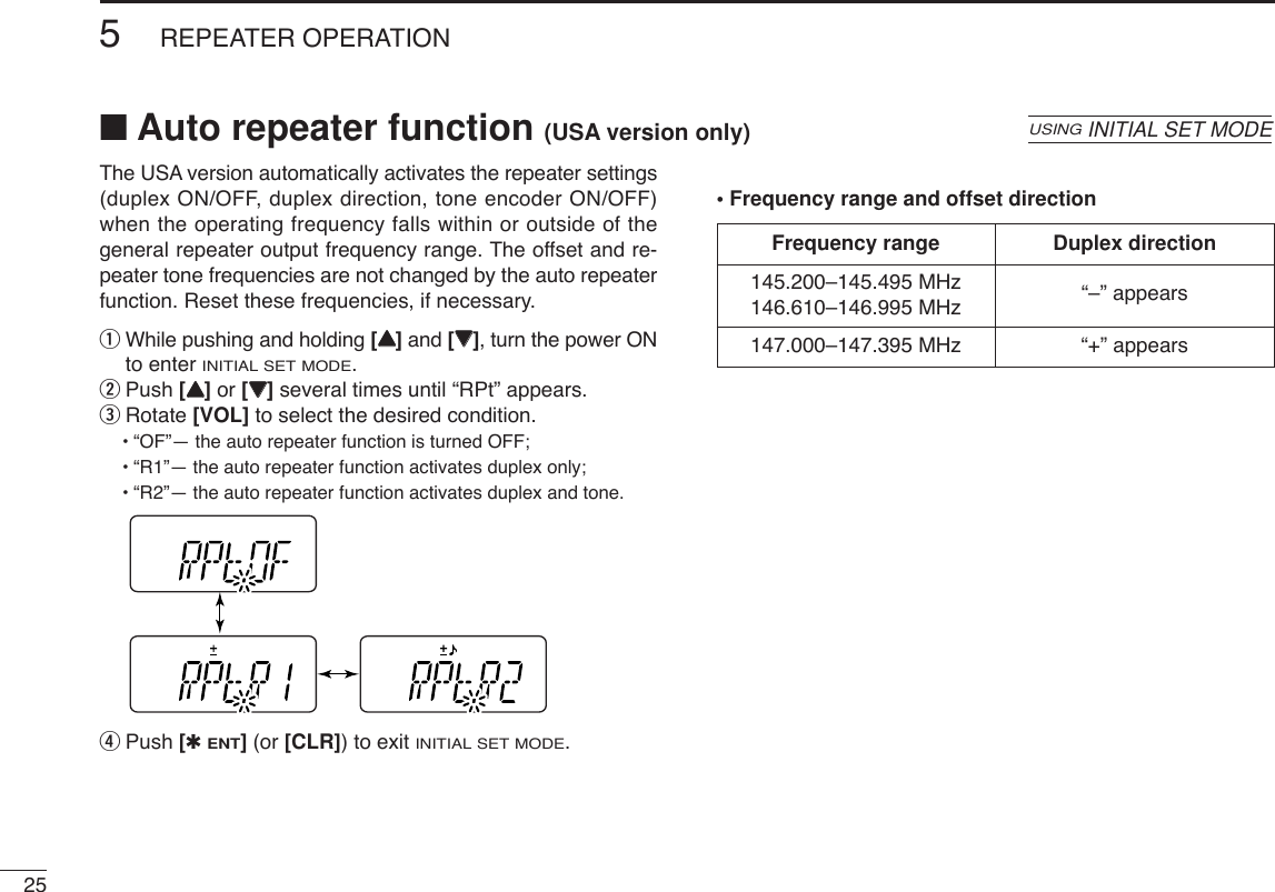 255REPEATER OPERATIONThe USA version automatically activates the repeater settings(duplex ON/OFF, duplex direction, tone encoder ON/OFF)when the operating frequency falls within or outside of thegeneral repeater output frequency range. The offset and re-peater tone frequencies are not changed by the auto repeaterfunction. Reset these frequencies, if necessary.qWhile pushing and holding [YY]and [ZZ], turn the power ONto enter INITIAL SET MODE.wPush [YY]or [ZZ]several times until “RPt” appears.eRotate [VOL] to select the desired condition.•“OF”— the auto repeater function is turned OFF;•“R1”— the auto repeater function activates duplex only;•“R2”— the auto repeater function activates duplex and tone.rPush [✱ENT](or [CLR]) to exit INITIAL SET MODE.• Frequency range and offset directionFrequency range Duplex direction145.200–145.495 MHz “–” appears146.610–146.995 MHz147.000–147.395 MHz “+” appears■Auto repeater function (USA version only)USINGINITIAL SET MODE