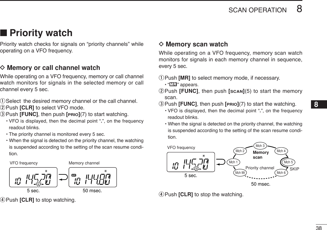 388SCAN OPERATION12345678910111213141516171819■Priority watchPriority watch checks for signals on “priority channels” whileoperating on a VFO frequency.DMemory or call channel watchWhile operating on a VFO frequency, memory or call channelwatch monitors for signals in the selected memory or callchannel every 5 sec.qSelect the desired memory channel or the call channel.wPush [CLR] to select VFO mode.ePush [FUNC], then push [PRIO](7) to start watching.•VFO is displayed, then the decimal point “.”, on the frequencyreadout blinks.•The priority channel is monitored every 5 sec. • When the signal is detected on the priority channel, the watchingis suspended according to the setting of the scan resume condi-tion.rPush [CLR] to stop watching.DMemory scan watchWhile operating on a VFO frequency, memory scan watchmonitors for signals in each memory channel in sequence,every 5 sec.qPush [MR] to select memory mode, if necessary.•“X” appears.wPush [FUNC], then push [SCAN](5) to start the memoryscan.ePush [FUNC], then push [PRIO](7) to start the watching.•VFO is displayed, then the decimal point “.”, on the frequencyreadout blinks.• When the signal is detected on the priority channel, the watchingis suspended according to the setting of the scan resume condi-tion.rPush [CLR] to stop the watching.SKIPMch 1Mch 2Mch 3Mch 4Mch 5Mch 99Mch 6Priority channelMemoryscan5 sec.50 msec.VFO frequency5 sec. 50 msec.VFO frequency Memory channel