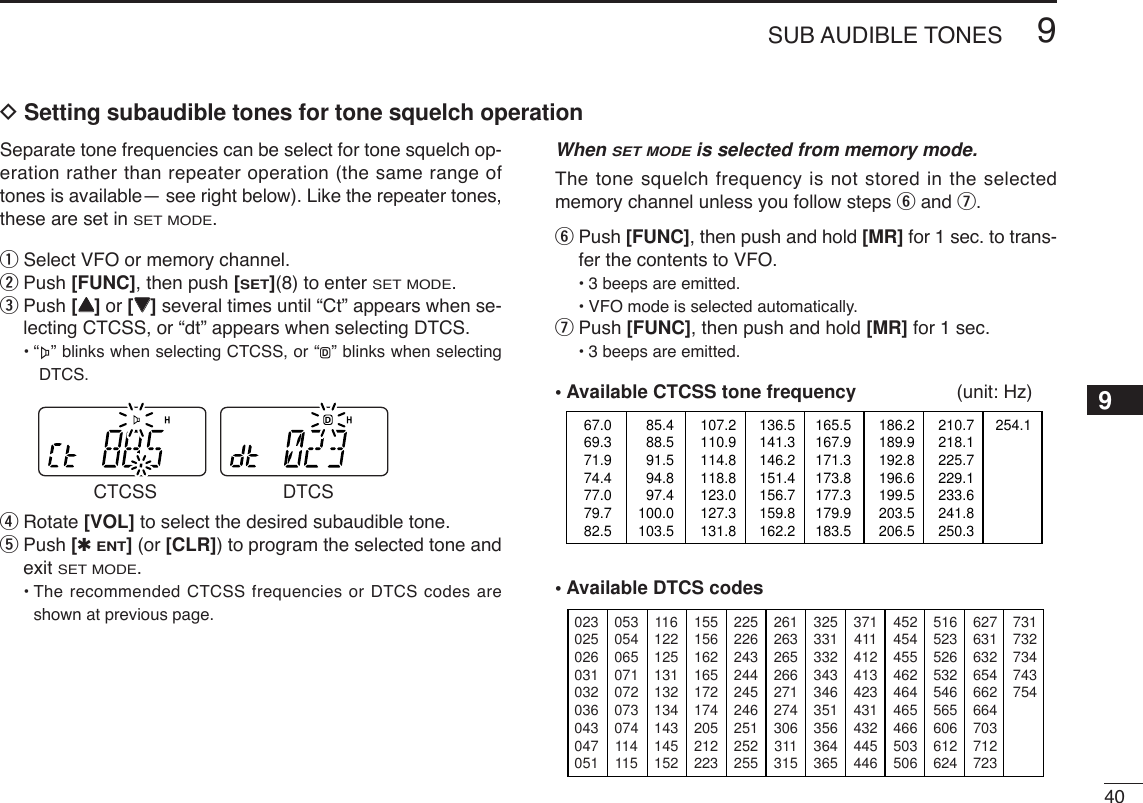 409SUB AUDIBLE TONES12345678910111213141516171819Separate tone frequencies can be select for tone squelch op-eration rather than repeater operation (the same range oftones is available— see right below). Like the repeater tones,these are set in SET MODE.qSelect VFO or memory channel.wPush [FUNC], then push [SET](8) to enter SET MODE.ePush [YY]or [ZZ]several times until “Ct” appears when se-lecting CTCSS, or “dt” appears when selecting DTCS.•“ ” blinks when selecting CTCSS, or “ ” blinks when selectingDTCS.rRotate [VOL] to select the desired subaudible tone.tPush [✱ENT](or [CLR]) to program the selected tone andexit SET MODE.•The recommended CTCSS frequencies or DTCS codes areshown at previous page.When SET MODEis selected from memory mode.The tone squelch frequency is not stored in the selectedmemory channel unless you follow steps yand u. yPush [FUNC], then push and hold [MR] for 1 sec. to trans-fer the contents to VFO.•3 beeps are emitted. •VFO mode is selected automatically. uPush [FUNC], then push and hold [MR] for 1 sec. •3 beeps are emitted.•Available CTCSS tone frequency (unit: Hz)•Available DTCS codes02302502603103203604304705111612212513113213414314515222522624324424524625125225537141141241342343143244544651652352653254656560661262405305406507107207307411411515515616216517217420521222332533133234334635135636436545245445546246446546650350662763163265466266470371272373173273474375426126326526627127430631131567.069.371.974.477.079.782.585.488.591.594.897.4100.0103.5107.2110.9114.8118.8123.0127.3131.8136.5141.3146.2151.4156.7159.8162.2165.5167.9171.3173.8177.3179.9183.5186.2189.9192.8196.6199.5203.5206.5210.7218.1225.7229.1233.6241.8250.3254.1CTCSS DTCSDDSetting subaudible tones for tone squelch operation