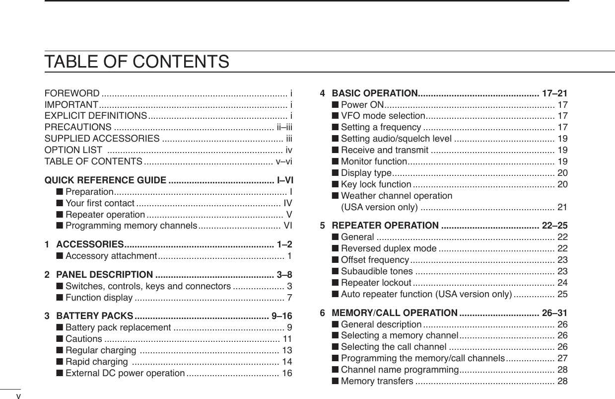 vTABLE OF CONTENTSFOREWORD ........................................................................ iIMPORTANT......................................................................... iEXPLICIT DEFINITIONS...................................................... iPRECAUTIONS .............................................................. ii–iiiSUPPLIED ACCESSORIES ............................................... iiiOPTION LIST .................................................................... ivTABLE OF CONTENTS .................................................. v–viQUICK REFERENCE GUIDE ......................................... I–VI■Preparation................................................................... I■Your ﬁrst contact ........................................................ IV■Repeater operation ..................................................... V■Programming memory channels................................ VI1 ACCESSORIES.......................................................... 1–2■Accessory attachment................................................. 12PANEL DESCRIPTION .............................................. 3–8■Switches, controls, keys and connectors .................... 3■Function display .......................................................... 73BATTERY PACKS.................................................... 9–16■Battery pack replacement ........................................... 9■Cautions .................................................................... 11■Regular charging ...................................................... 13■Rapid charging ......................................................... 14■External DC power operation .................................... 164BASIC OPERATION............................................... 17–21■Power ON.................................................................. 17■VFO mode selection.................................................. 17■Setting a frequency ................................................... 17■Setting audio/squelch level ....................................... 19■Receive and transmit ................................................ 19■Monitor function......................................................... 19■Display type............................................................... 20■Key lock function ....................................................... 20■Weather channel operation (USA version only) .................................................... 215REPEATER OPERATION ...................................... 22–25■General ..................................................................... 22■Reversed duplex mode ............................................. 22■Offset frequency........................................................ 23■Subaudible tones ...................................................... 23■Repeater lockout ....................................................... 24■Auto repeater function (USA version only) ................ 256MEMORY/CALL OPERATION ............................... 26–31■General description ................................................... 26■Selecting a memory channel..................................... 26■Selecting the call channel ......................................... 26■Programming the memory/call channels................... 27■Channel name programming..................................... 28■Memory transfers ...................................................... 28