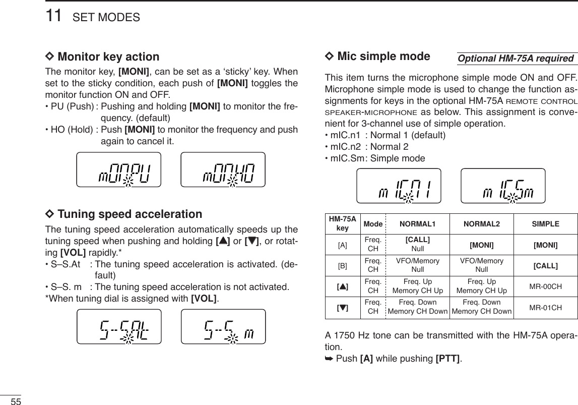 5511 SET MODESDDMonitor key actionThe monitor key, [MONI], can be set as a ‘sticky’ key. Whenset to the sticky condition, each push of [MONI] toggles themonitor function ON and OFF.•PU (Push) : Pushing and holding [MONI] to monitor the fre-quency. (default)•HO (Hold) : Push [MONI] to monitor the frequency and pushagain to cancel it.DDTuning speed accelerationThe tuning speed acceleration automatically speeds up thetuning speed when pushing and holding [YY]or [ZZ], or rotat-ing [VOL] rapidly.*•S–S.At : The tuning speed acceleration is activated. (de-fault)•S–S. m : The tuning speed acceleration is not activated. *When tuning dial is assigned with [VOL].DDMic simple modeThis item turns the microphone simple mode ON and OFF.Microphone simple mode is used to change the function as-signments for keys in the optional HM-75AREMOTE CONTROLSPEAKER-MICROPHONEas below. This assignment is conve-nient for 3-channel use of simple operation.•mIC.n1 : Normal 1 (default)•mIC.n2 : Normal 2•mIC.Sm: Simple modeA1750 Hz tone can be transmitted with the HM-75A opera-tion. ➥Push [A] while pushing [PTT]. Optional HM-75A requiredHM-75A Mode NORMAL1 NORMAL2 SIMPLEkey[A] Freq. [CALL] [MONI] [MONI]CH Null[B] Freq. VFO/Memory VFO/Memory [CALL]CH Null Null[YY]Freq. Freq. Up Freq. Up MR-00CHCH Memory CH Up Memory CH Up[ZZ]Freq. Freq. Down Freq. Down MR-01CHCH Memory CH Down Memory CH Down