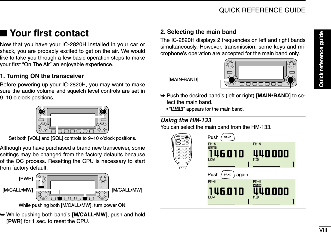 VIIIQUICK REFERENCE GUIDE■Your ﬁrst contactNow that you have your IC-2820H installed in your car orshack, you are probably excited to get on the air. We wouldlike to take you through a few basic operation steps to makeyour ﬁrst “On The Air” an enjoyable experience. 1. Turning ON the transceiverBefore powering up your IC-2820H, you may want to makesure the audio volume and squelch level controls are set in9–10 o’clock positions.Although you have purchased a brand new transceiver, somesettings may be changed from the factory defaults becauseof the QC process. Resetting the CPU is necessary to startfrom factory default.➥While pushing both band’s [M/CALL•MW], push and hold[PWR] for 1 sec. to reset the CPU.2. Selecting the main bandThe IC-2820H displays 2 frequencies on left and right bandssimultaneously. However, transmission, some keys and mi-crophone’s operation are accepted for the main band only.➥Push the desired band’s (left or right) [MAIN•BAND] to se-lect the main band.•“Q” appears for the main band.Using the HM-133You can select the main band from the HM-133.PushPush again[MAIN•BAND][M/CALL•MW]While pushing both [M/CALL•MW], turn power ON.[M/CALL•MW][PWR]Set both [VOL] and [SQL] controls to 9–10 o’clock positions.Quick reference guide