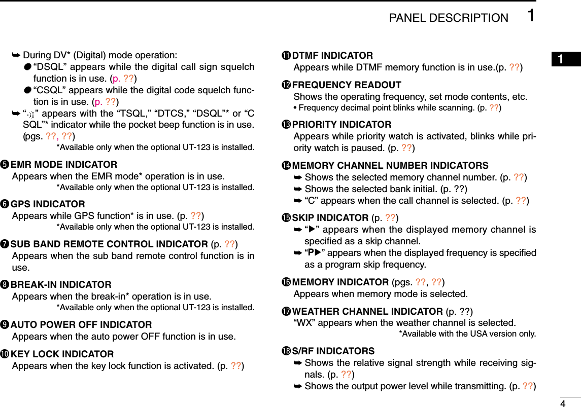 41PANEL DESCRIPTION12345678910111213141516171819➥During DV* (Digital) mode operation:●●“DSQL” appears while the digital call sign squelchfunction is in use. (p. ??)●●“CSQL” appears while the digital code squelch func-tion is in use. (p. ??)➥“” appears with the “TSQL,” “DTCS,” “DSQL”* or “CSQL”* indicator while the pocket beep function is in use.(pgs. ??, ??)*Available only when the optional UT-123 is installed.tEMR MODE INDICATOR Appears when the EMR mode* operation is in use.*Available only when the optional UT-123 is installed.yGPS INDICATOR Appears while GPS function* is in use. (p. ??)*Available only when the optional UT-123 is installed.uSUB BAND REMOTE CONTROL INDICATOR (p. ??)Appears when the sub band remote control function is inuse. iBREAK-IN INDICATOR Appears when the break-in* operation is in use.*Available only when the optional UT-123 is installed.oAUTO POWER OFF INDICATOR Appears when the auto power OFF function is in use.!0KEY LOCK INDICATOR Appears when the key lock function is activated. (p. ??)!1DTMF INDICATOR Appears while DTMF memory function is in use.(p. ??)!2FREQUENCY READOUTShows the operating frequency, set mode contents, etc.•Frequency decimal point blinks while scanning. (p. ??)!3PRIORITY INDICATOR Appears while priority watch is activated, blinks while pri-ority watch is paused. (p. ??)!4MEMORY CHANNEL NUMBER INDICATORS ➥Shows the selected memory channel number. (p. ??)➥Shows the selected bank initial. (p. ??)➥“C” appears when the call channel is selected. (p. ??)!5SKIP INDICATOR (p. ??)➥“≈” appears when the displayed memory channel isspeciﬁed as a skip channel.➥“P≈” appears when the displayed frequency is speciﬁedas a program skip frequency.!6MEMORY INDICATOR (pgs. ??, ??)Appears when memory mode is selected.!7WEATHER CHANNEL INDICATOR (p. ??)“WX” appears when the weather channel is selected.*Available with the USA version only.!8S/RF INDICATORS➥Shows the relative signal strength while receiving sig-nals. (p. ??)➥Shows the output power level while transmitting. (p. ??)