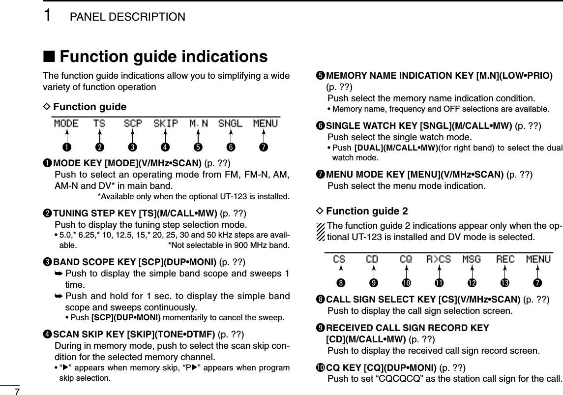 71PANEL DESCRIPTION■Function guide indicationsThe function guide indications allow you to simplifying a widevariety of function operation DFunction guideqMODE KEY [MODE](V/MHz•SCAN) (p. ??)Push to select an operating mode from FM, FM-N, AM,AM-N and DV* in main band.*Available only when the optional UT-123 is installed.wTUNING STEP KEY [TS](M/CALL•MW) (p. ??)Push to display the tuning step selection mode.•5.0,* 6.25,* 10, 12.5, 15,* 20, 25, 30 and 50 kHz steps are avail-able. *Not selectable in 900 MHz band.eBAND SCOPE KEY [SCP](DUP•MONI) (p. ??)➥Push to display the simple band scope and sweeps 1time.➥Push and hold for 1 sec. to display the simple bandscope and sweeps continuously.•Push [SCP](DUP•MONI) momentarily to cancel the sweep.rSCAN SKIP KEY [SKIP](TONE•DTMF) (p. ??)During in memory mode, push to select the scan skip con-dition for the selected memory channel.•“≈” appears when memory skip, “P≈” appears when programskip selection. tMEMORY NAME INDICATION KEY [M.N](LOW•PRIO)(p. ??)Push select the memory name indication condition.•Memory name, frequency and OFF selections are available.ySINGLE WATCH KEY [SNGL](M/CALL•MW) (p. ??)Push select the single watch mode.•Push [DUAL](M/CALL•MW)(for right band) to select the dualwatch mode.uMENU MODE KEY [MENU](V/MHz•SCAN) (p. ??)Push select the menu mode indication.DFunction guide 2The function guide 2 indications appear only when the op-tional UT-123 is installed and DV mode is selected.iCALL SIGN SELECT KEY [CS](V/MHz•SCAN) (p. ??)Push to display the call sign selection screen.oRECEIVED CALL SIGN RECORD KEY[CD](M/CALL•MW) (p. ??)Push to display the received call sign record screen.!0CQ KEY [CQ](DUP•MONI) (p. ??)Push to set “CQCQCQ” as the station call sign for the call.io!0!1!2!3uqwertyu