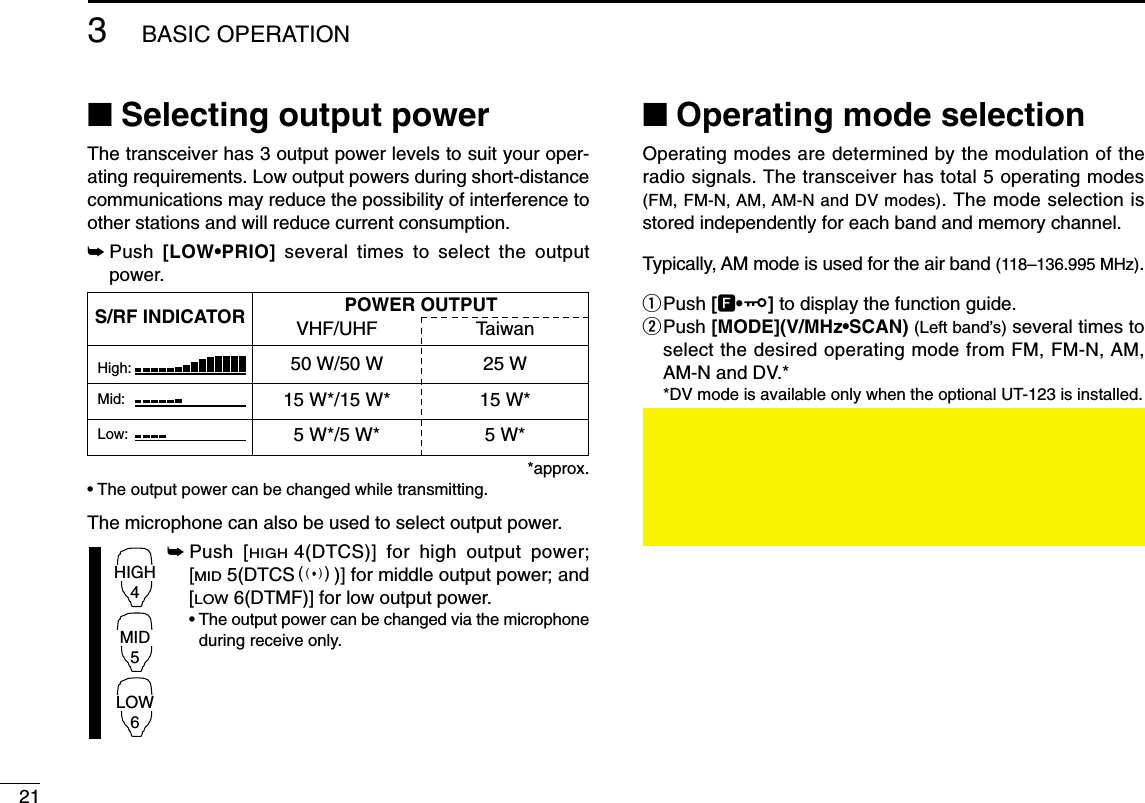 213BASIC OPERATION■Selecting output powerThe transceiver has 3 output power levels to suit your oper-ating requirements. Low output powers during short-distancecommunications may reduce the possibility of interference toother stations and will reduce current consumption.➥Push  [LOW•PRIO] several times to select the outputpower.*approx.•The output power can be changed while transmitting.The microphone can also be used to select output power.➥Push [HIGH4(DTCS)] for high output power;[MID5(DTCSS)] for middle output power; and[LOW6(DTMF)] for low output power.•The output power can be changed via the microphoneduring receive only.■Operating mode selectionOperating modes are determined by the modulation of theradio signals. The transceiver has total 5 operating modes(FM, FM-N, AM, AM-N and DV modes). The mode selection isstored independently for each band and memory channel.Typically, AM mode is used for the air band (118–136.995 MHz).qPush [F•]to display the function guide.wPush [MODE](V/MHz•SCAN) (Left band’s) several times toselect the desired operating mode from FM, FM-N, AM,AM-N and DV.**DV mode is available only when the optional UT-123 is installed.HIGH4MID5LOW6S/RF INDICATOR POWER OUTPUTVHF/UHF Taiwan50 W/50 W 25 W15 W*/15 W* 15 W*5 W*/5 W* 5 W*High:Mid:Low: