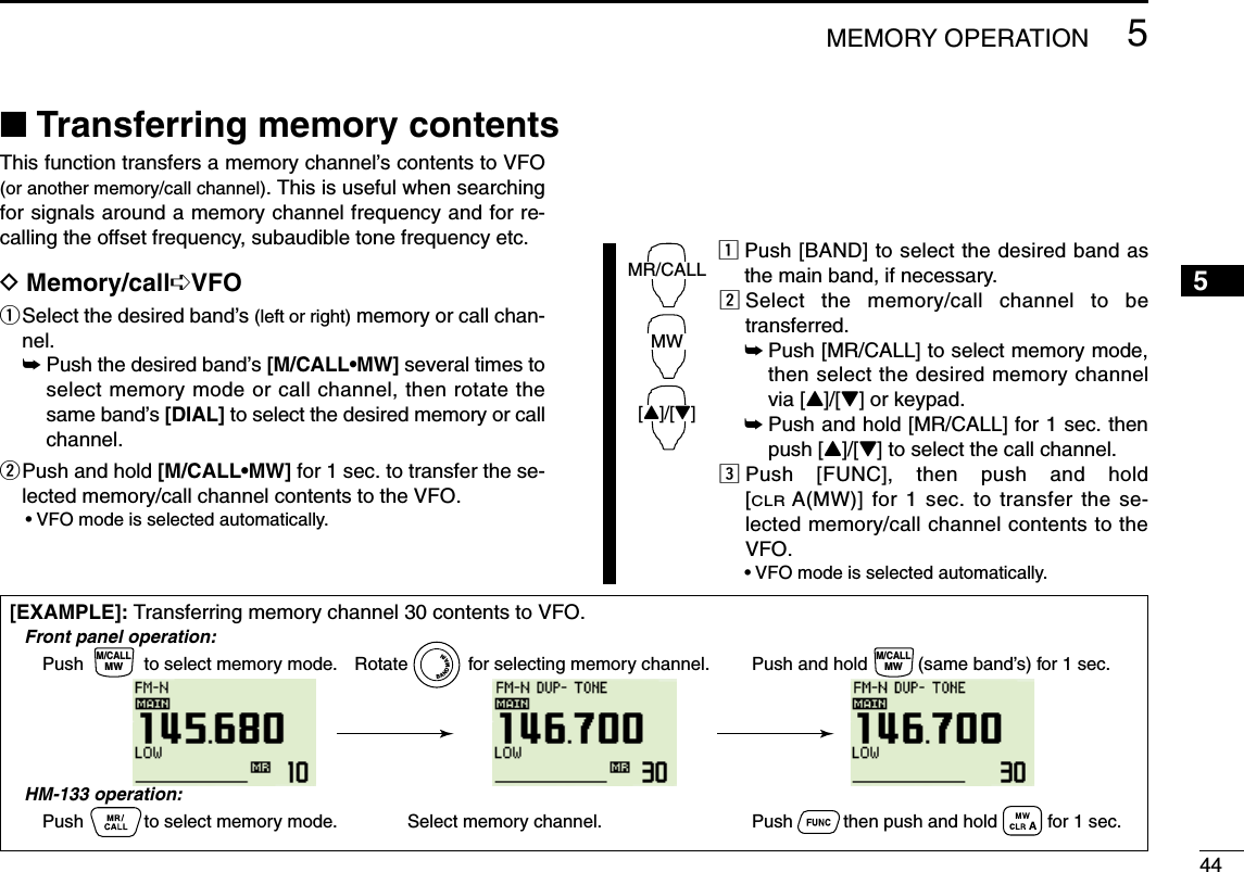 ■Transferring memory contentsThis function transfers a memory channel’s contents to VFO(or another memory/call channel). This is useful when searchingfor signals around a memory channel frequency and for re-calling the offset frequency, subaudible tone frequency etc.DMemory/call➪VFOqSelect the desired band’s (left or right) memory or call chan-nel.➥Push the desired band’s [M/CALL•MW] several times toselect memory mode or call channel, then rotate thesame band’s [DIAL] to select the desired memory or callchannel.wPush and hold [M/CALL•MW] for 1 sec. to transfer the se-lected memory/call channel contents to the VFO.•VFO mode is selected automatically.zPush [BAND] to select the desired band asthe main band, if necessary.xSelect the memory/call channel to betransferred.➥Push [MR/CALL] to select memory mode,then select the desired memory channelvia [Y]/[Z] or keypad.➥Push and hold [MR/CALL] for 1 sec. thenpush [Y]/[Z] to select the call channel.cPush [FUNC], then push and hold[CLRA(MW)] for 1 sec. to transfer the se-lected memory/call channel contents to theVFO.•VFO mode is selected automatically.MR/CALLMW[Y]/[Z]445MEMORY OPERATION12345678910111213141516171819[EXAMPLE]: Transferring memory channel 30 contents to VFO.Push            to select memory mode.Front panel operation:HM-133 operation:Push            to select memory mode.Rotate            for selecting memory channel.Select memory channel.Push and hold          (same band’s) for 1 sec.Push          then push and hold          for 1 sec.M/CALLMWM/CALLMWBANDMAIN