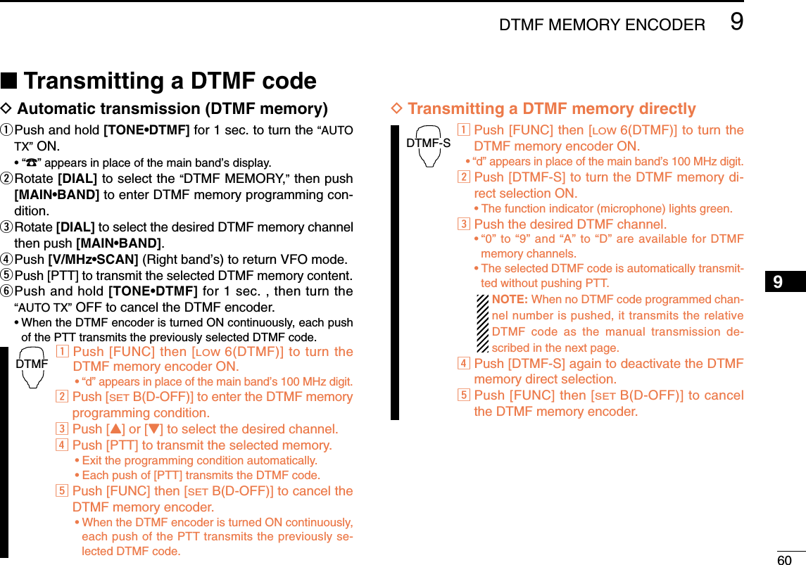 609DTMF MEMORY ENCODER12345678910111213141516171819■Transmitting a DTMF codeDAutomatic transmission (DTMF memory)qPush and hold [TONE•DTMF] for 1 sec. to turn the “AUTOTX”ON.• “1” appears in place of the main band’s display.wRotate [DIAL] to select the “DTMF MEMORY,”then push[MAIN•BAND] to enter DTMF memory programming con-dition.eRotate [DIAL] to select the desired DTMF memory channelthen push [MAIN•BAND].rPush [V/MHz•SCAN] (Right band’s) to return VFO mode.tPush [PTT] to transmit the selected DTMF memory content.yPush and hold [TONE•DTMF] for 1 sec. , then turn the“AUTO TX”OFF to cancel the DTMF encoder.•When the DTMF encoder is turned ON continuously, each pushof the PTT transmits the previously selected DTMF code.zPush [FUNC] then [LOW6(DTMF)] to turn theDTMF memory encoder ON.•“d” appears in place of the main band’s 100 MHz digit.xPush [SETB(D-OFF)] to enter the DTMF memoryprogramming condition.cPush [Y] or [Z] to select the desired channel.vPush [PTT] to transmit the selected memory.•Exit the programming condition automatically.•Each push of [PTT] transmits the DTMF code.bPush [FUNC] then [SETB(D-OFF)] to cancel theDTMF memory encoder.•When the DTMF encoder is turned ON continuously,each push of the PTT transmits the previously se-lected DTMF code.DTransmitting a DTMF memory directlyzPush [FUNC] then [LOW6(DTMF)] to turn theDTMF memory encoder ON.•“d” appears in place of the main band’s 100 MHz digit.xPush [DTMF-S] to turn the DTMF memory di-rect selection ON.•The function indicator (microphone) lights green.cPush the desired DTMF channel.•“0” to “9” and “A” to “D” are available for DTMFmemory channels.•The selected DTMF code is automatically transmit-ted without pushing PTT.NOTE: When no DTMF code programmed chan-nel number is pushed, it transmits the relativeDTMF code as the manual transmission de-scribed in the next page.vPush [DTMF-S] again to deactivate the DTMFmemory direct selection.bPush [FUNC] then [SETB(D-OFF)] to cancelthe DTMF memory encoder.DTMF-SDTMF